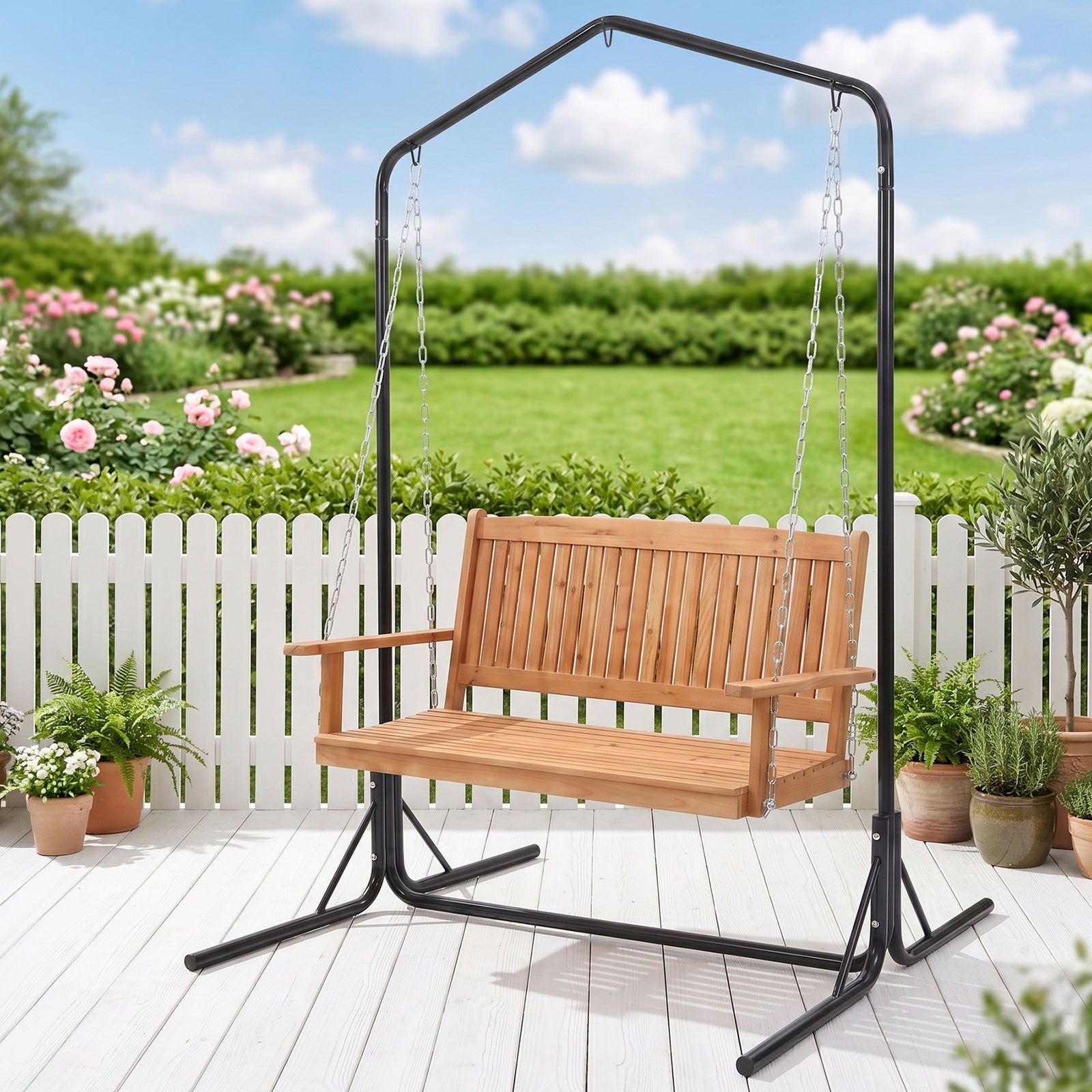 Wooden 2-Seater Outdoor Swing Chair with Black Stand Hanging Chair Patio Furniture