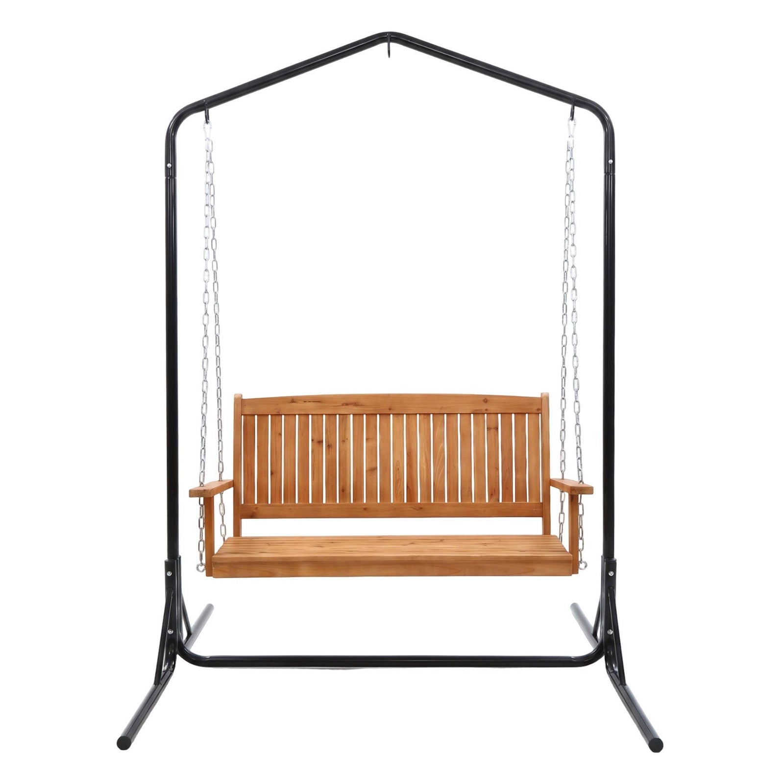 Wooden 2-Seater Outdoor Swing Chair with Black Stand Hanging Chair Patio Furniture