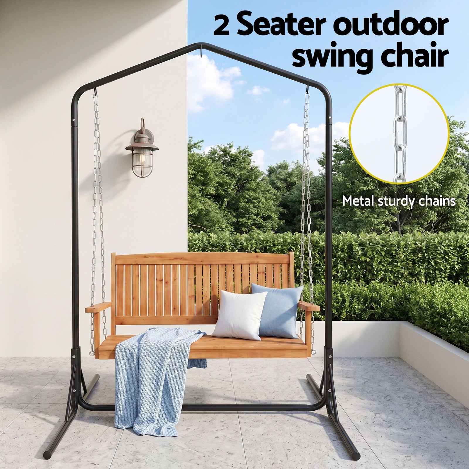 Wooden 2-Seater Outdoor Swing Chair with Black Stand Hanging Chair Patio Furniture