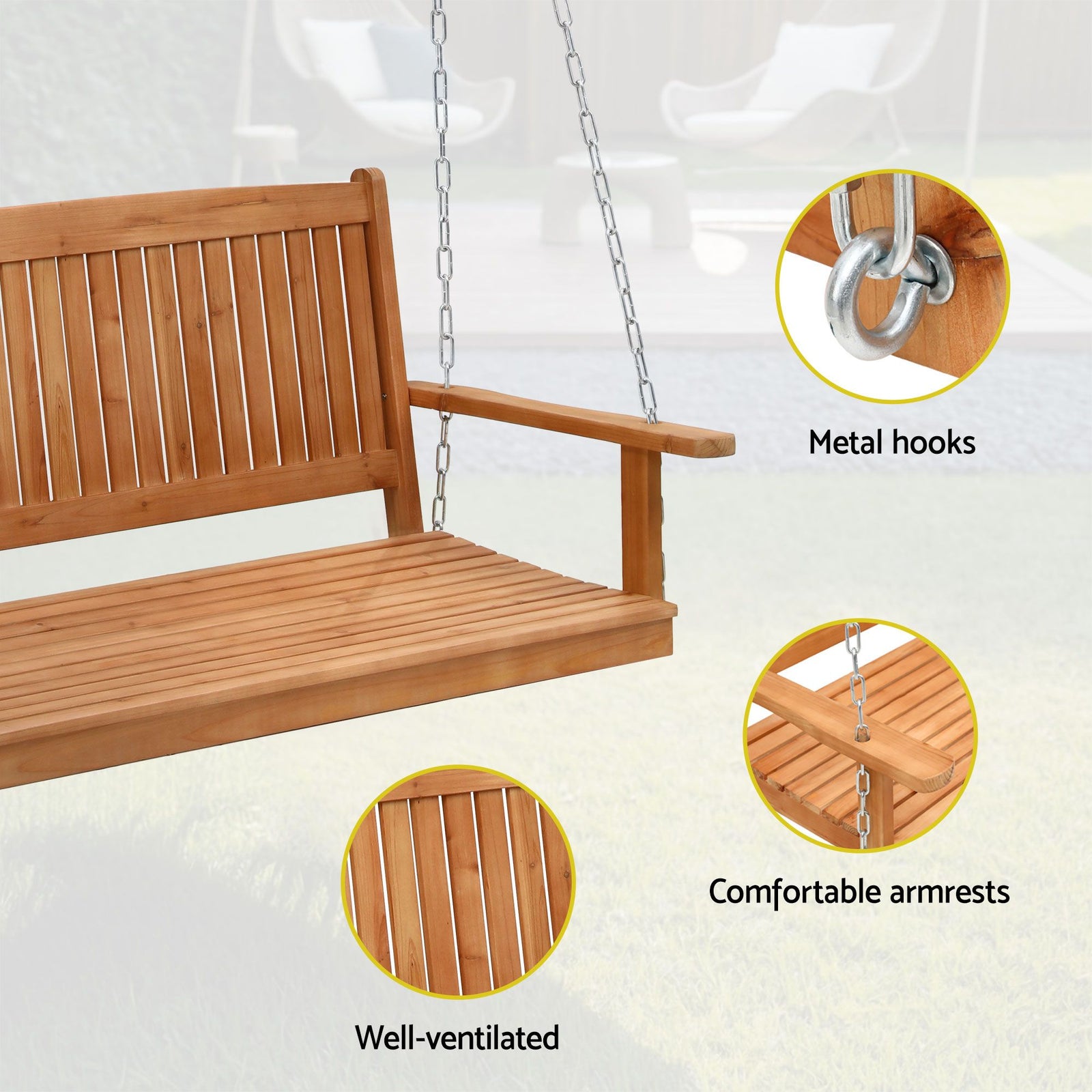 Wooden 2-Seater Outdoor Swing Chair with Black Stand Hanging Chair Patio Furniture
