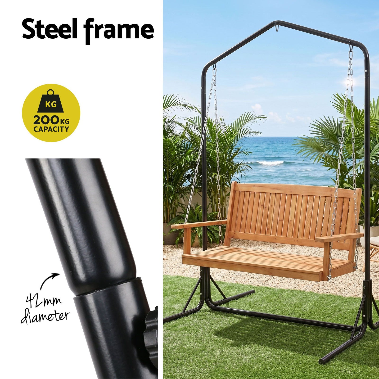 Wooden 2-Seater Outdoor Swing Chair with Black Stand Hanging Chair Patio Furniture
