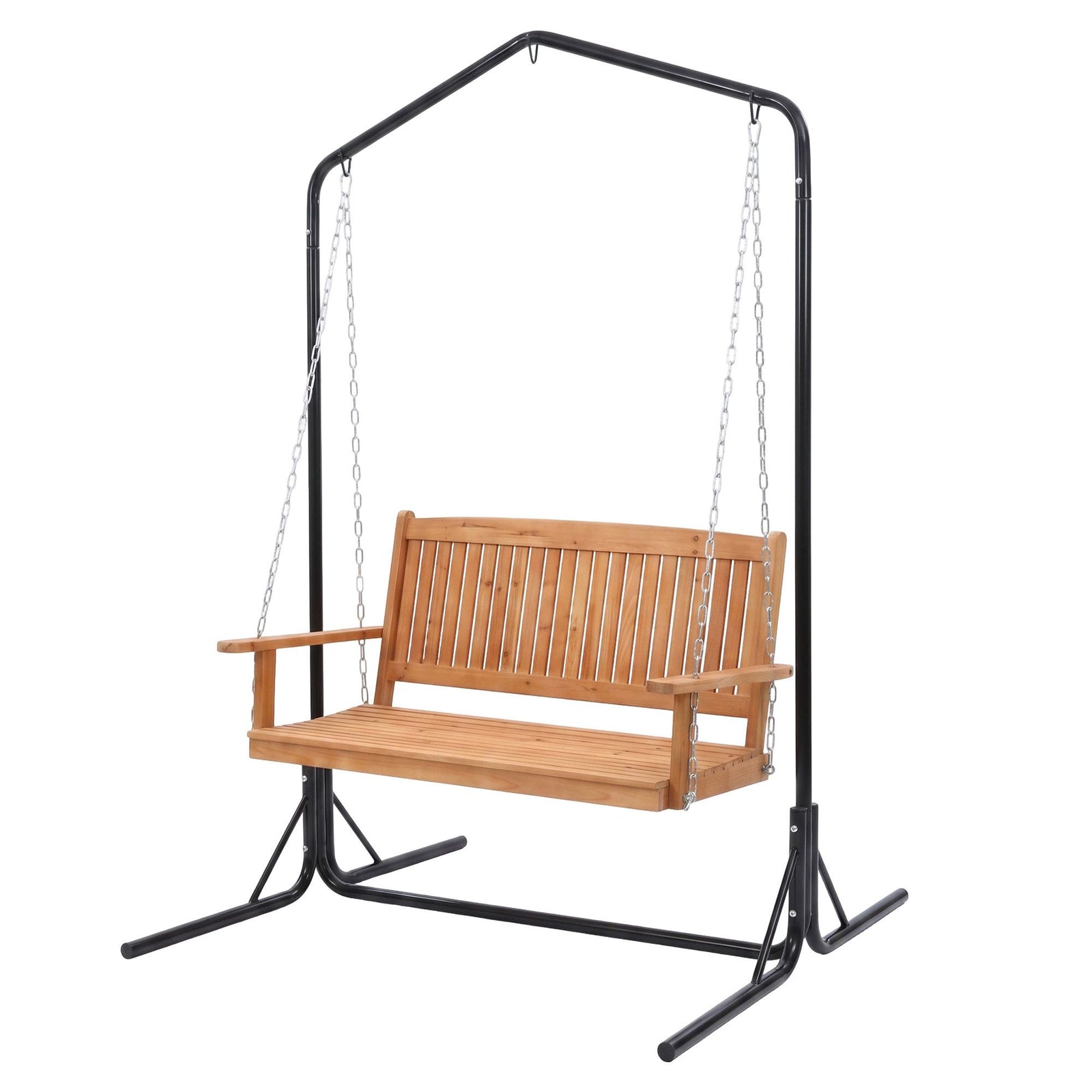 Wooden 2-Seater Outdoor Swing Chair with Black Stand Hanging Chair Patio Furniture