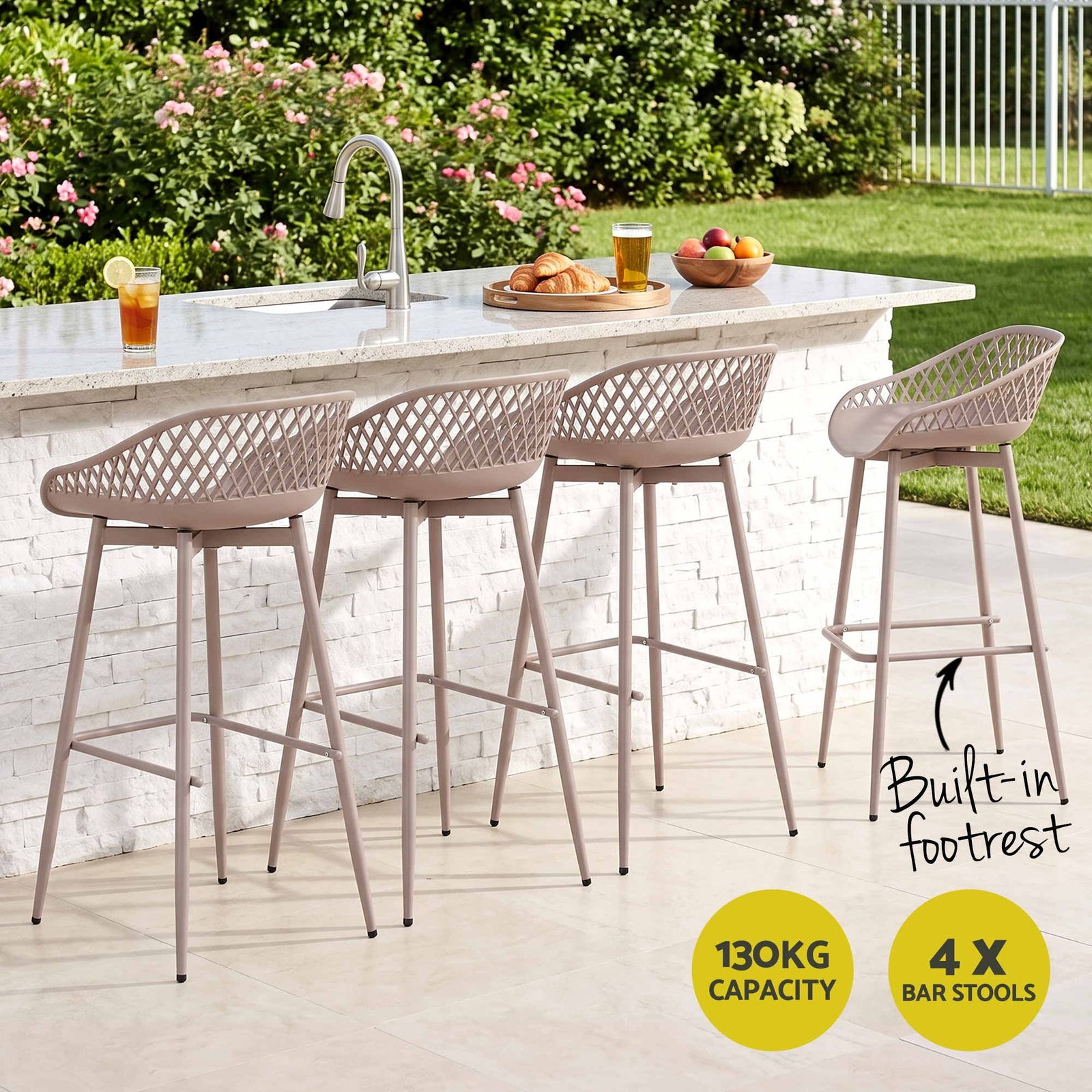 4-Piece Outdoor Bar Stools Plastic Metal Dining Chair Furniture Coffee