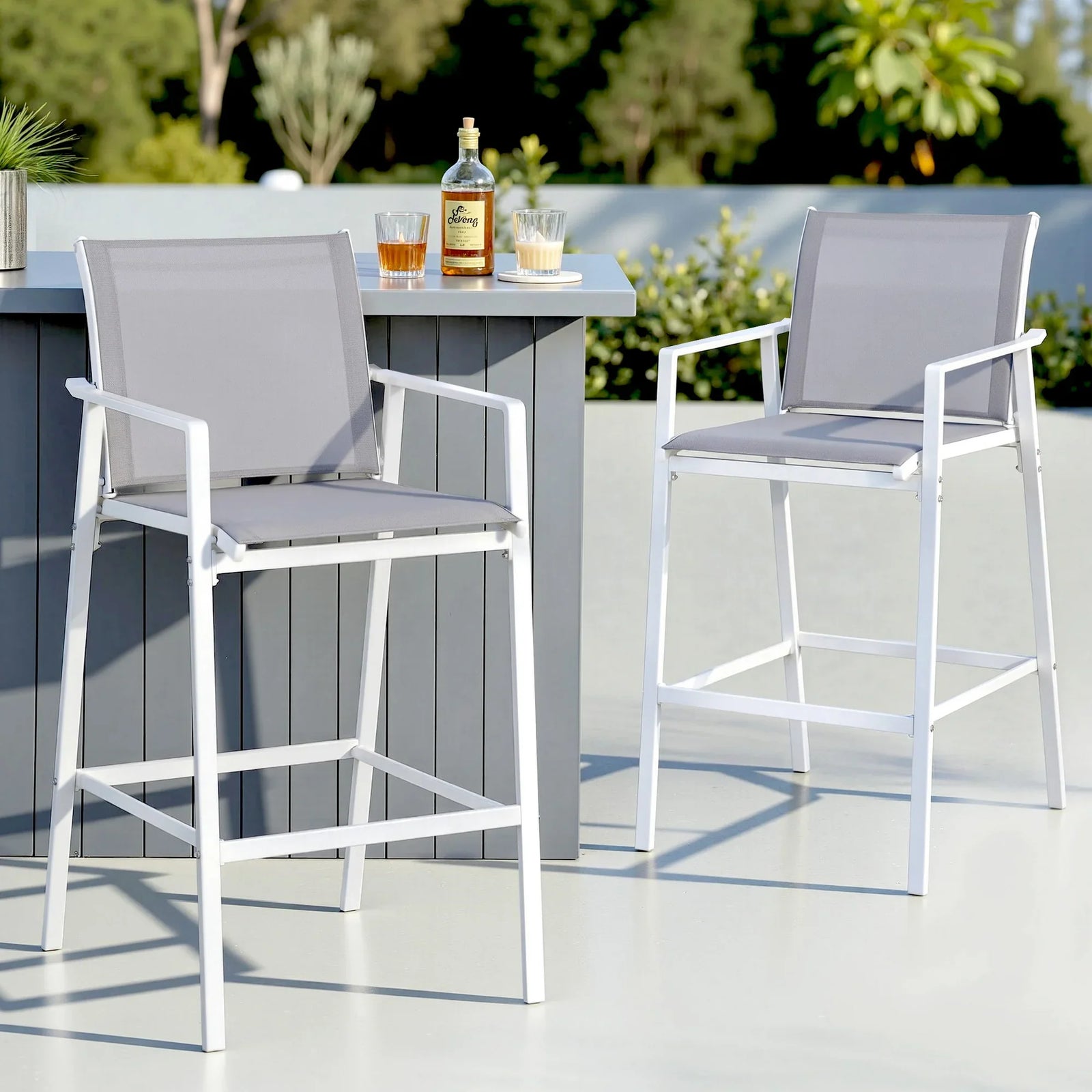 2PC Outdoor Bar Stools Dining Chairs Patio Furniture Garden Steel Textilene White