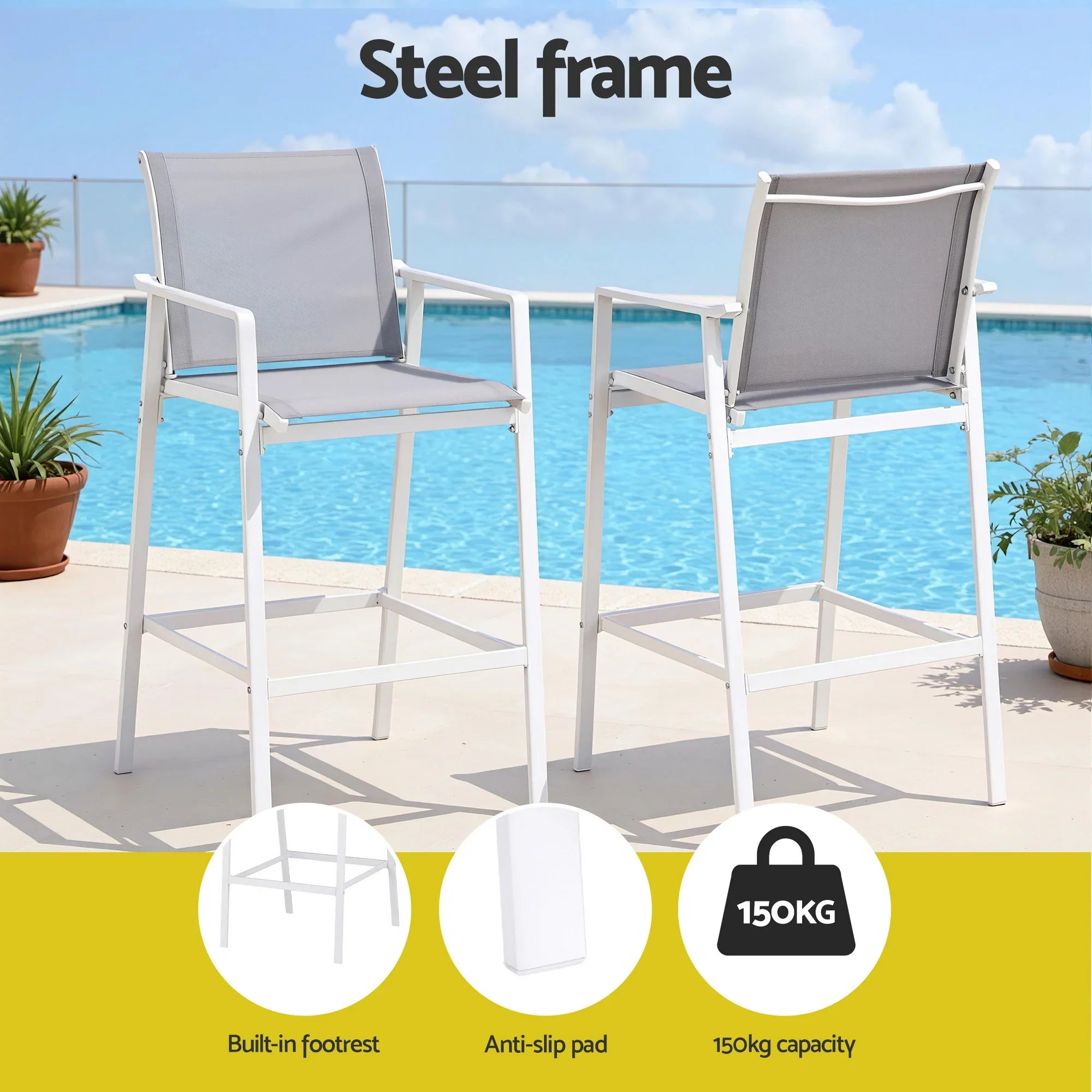 2PC Outdoor Bar Stools Dining Chairs Patio Furniture Garden Steel Textilene White