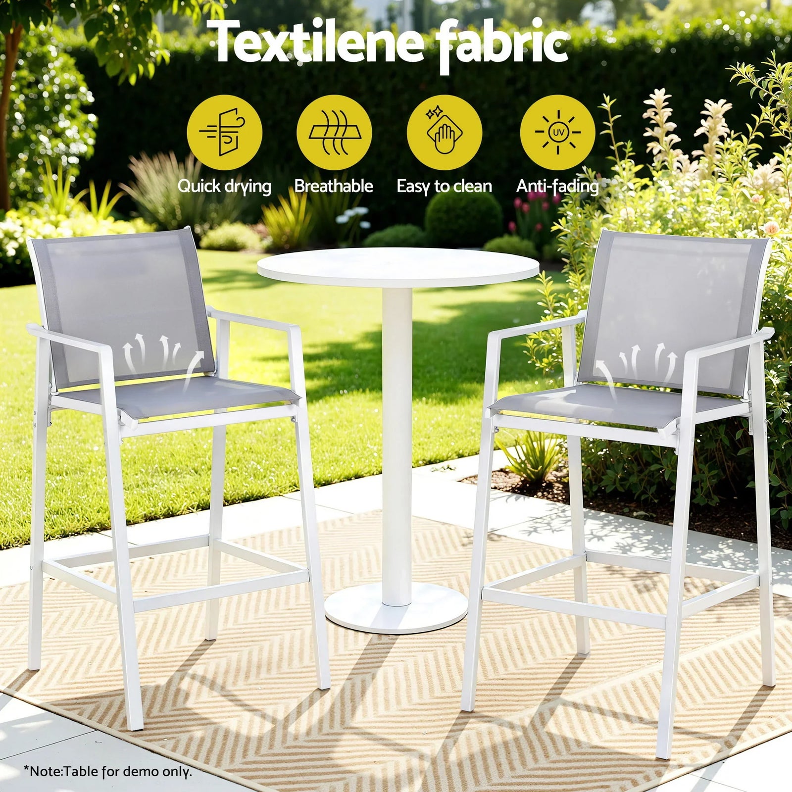2PC Outdoor Bar Stools Dining Chairs Patio Furniture Garden Steel Textilene White