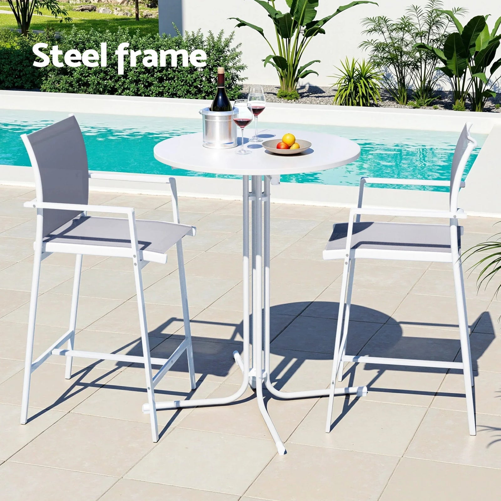 3PC Outdoor Bar Set Stools Dining Chairs Table Patio Furniture Bistro Set Steel White