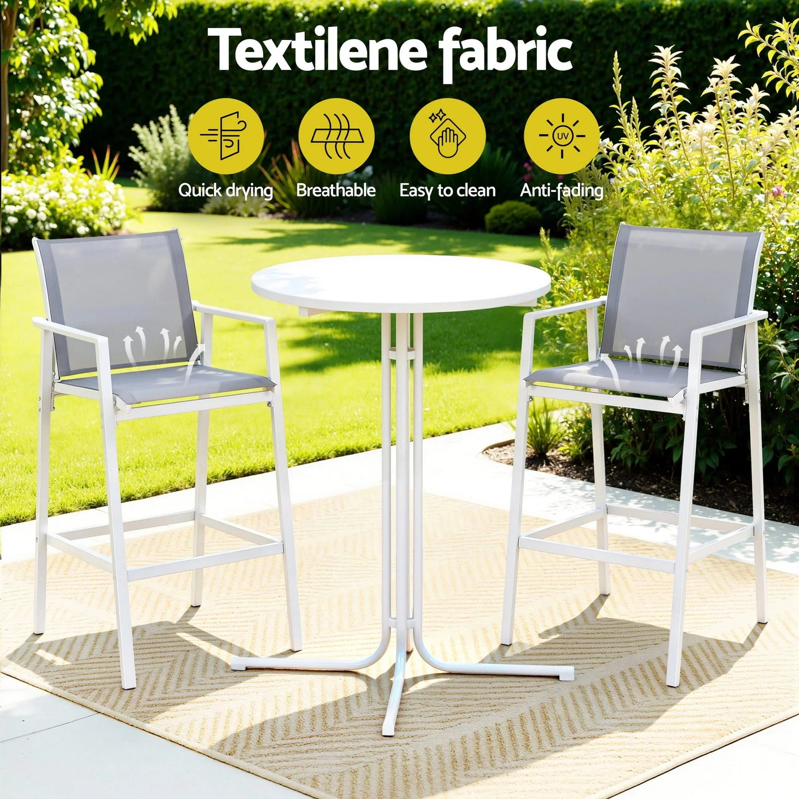 3PC Outdoor Bar Set Stools Dining Chairs Table Patio Furniture Bistro Set Steel White