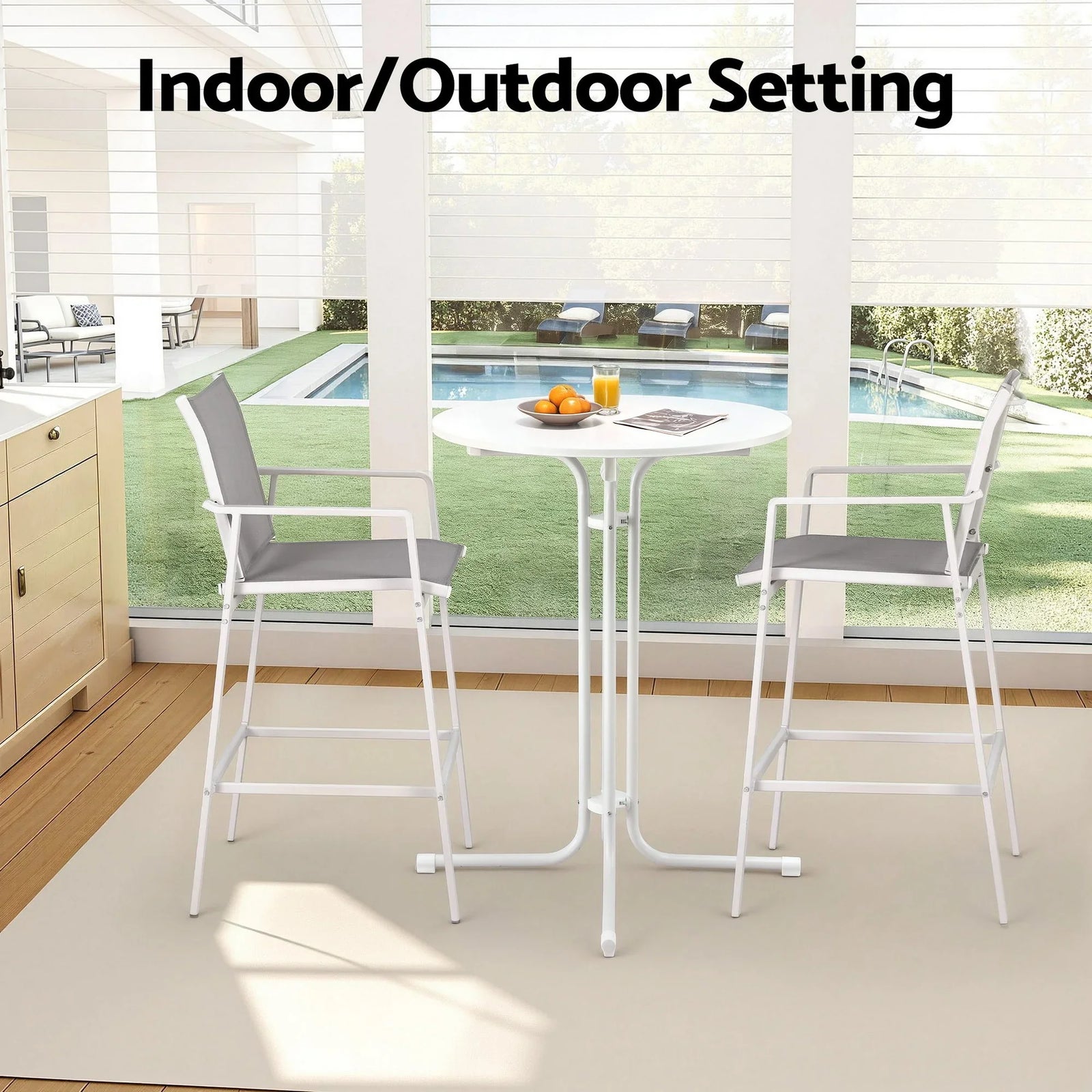 3PC Outdoor Bar Set Stools Dining Chairs Table Patio Furniture Bistro Set Steel White