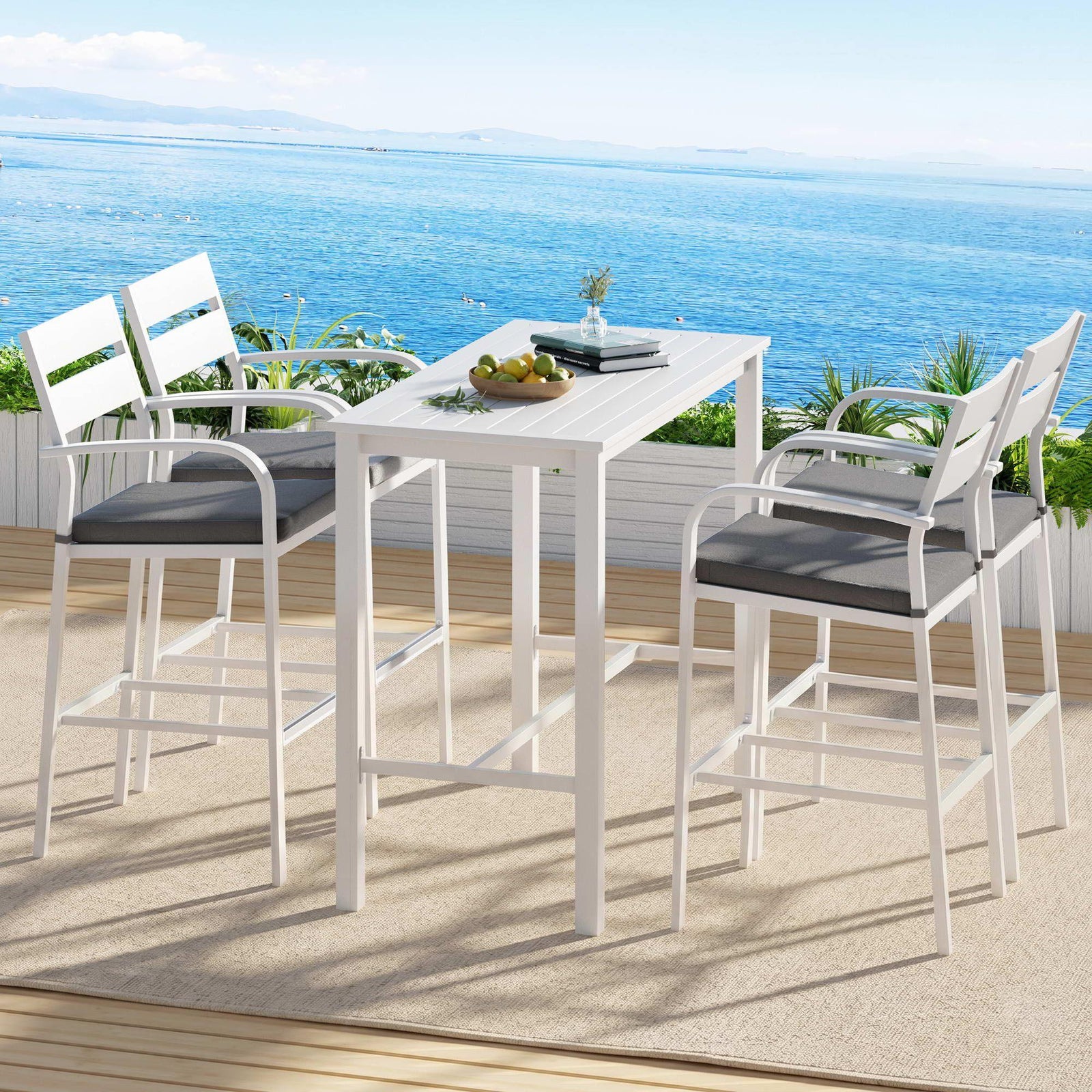Outdoor Bar Set 5-Piece Patio Dining Chairs Aluminium Table Stools White
