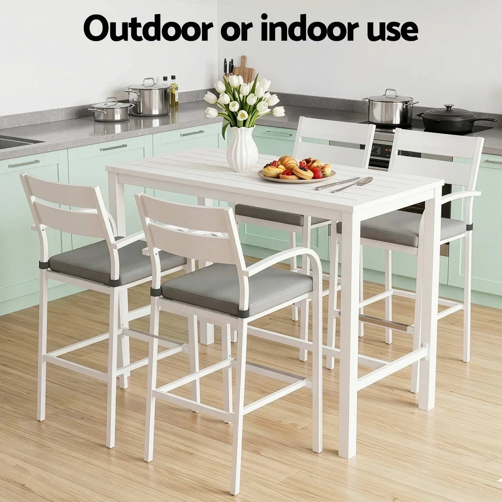 Outdoor Bar Set 5-Piece Patio Dining Chairs Aluminium Table Stools White