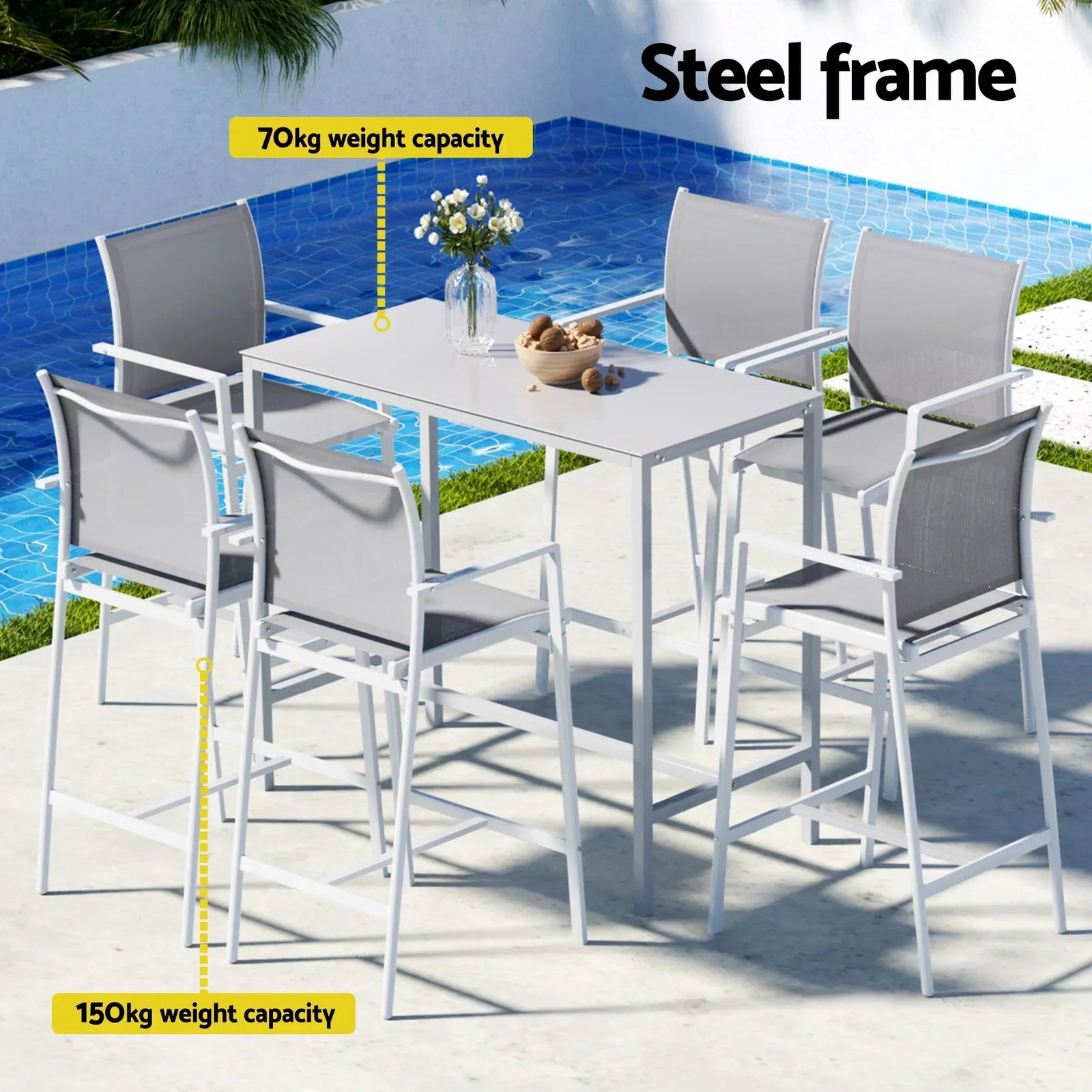 7PCS Outdoor Bar Set Stools Dining Chairs Table Patio Steel Bistro Set White