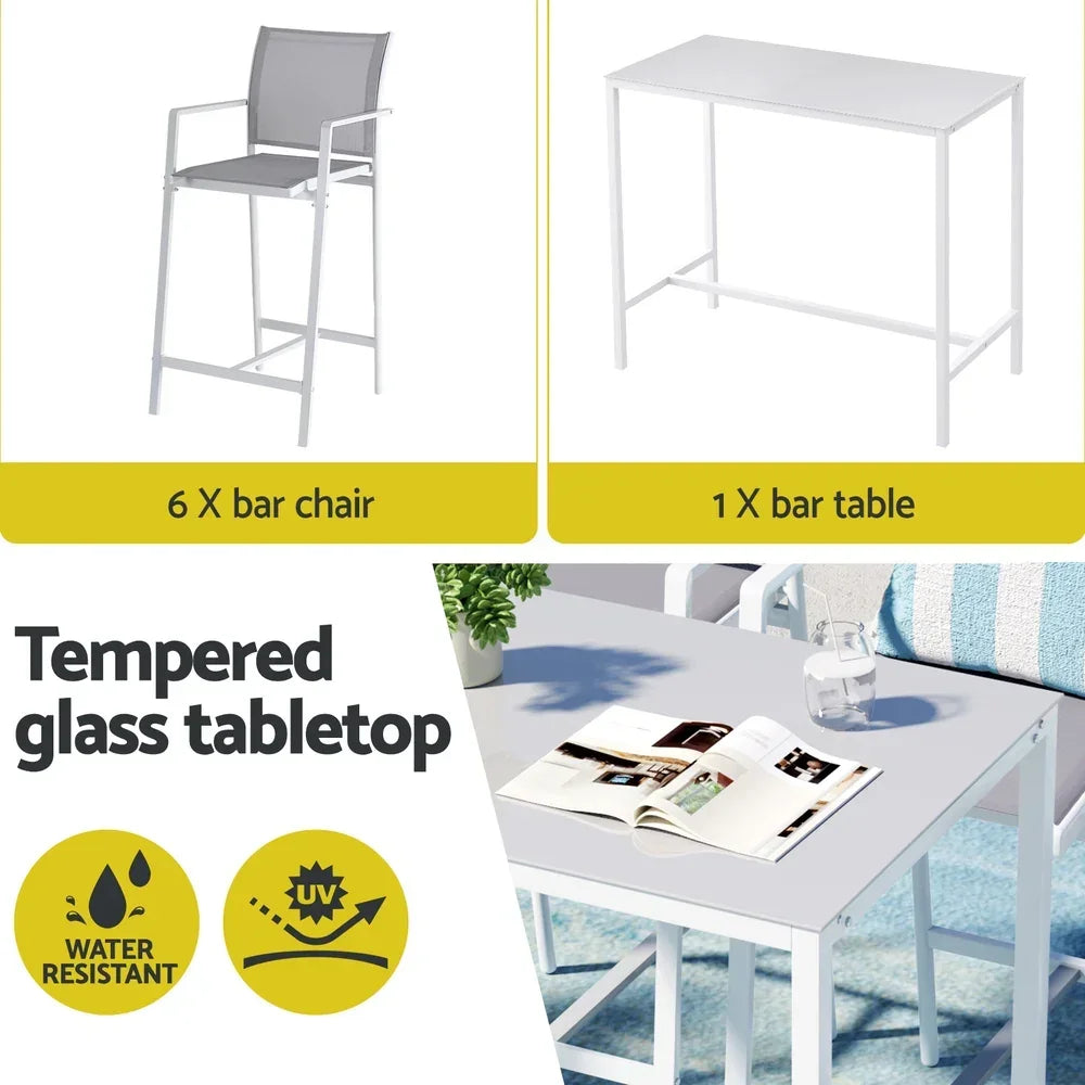 7PCS Outdoor Bar Set Stools Dining Chairs Table Patio Steel Bistro Set White