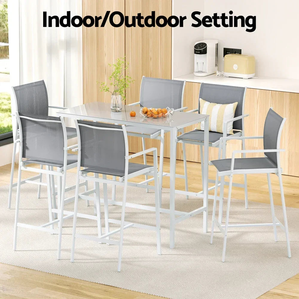 7PCS Outdoor Bar Set Stools Dining Chairs Table Patio Steel Bistro Set White