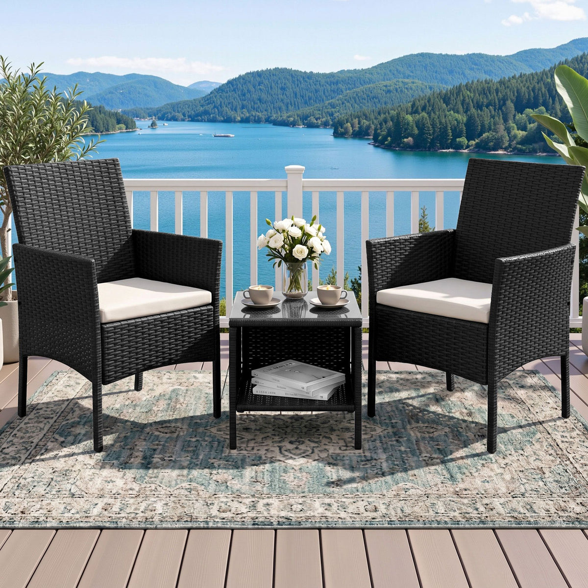 3 Piece Outdoor Rattan Furniture Set Black Wicker Chairs Glass Table Patio