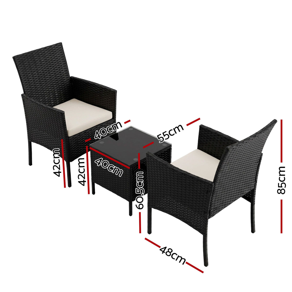 3 Piece Outdoor Rattan Furniture Set Black Wicker Chairs Glass Table Patio