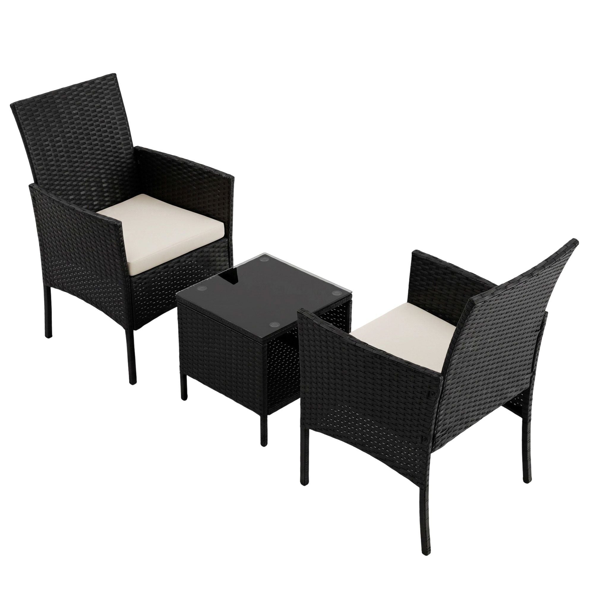 3 Piece Outdoor Rattan Furniture Set Black Wicker Chairs Glass Table Patio