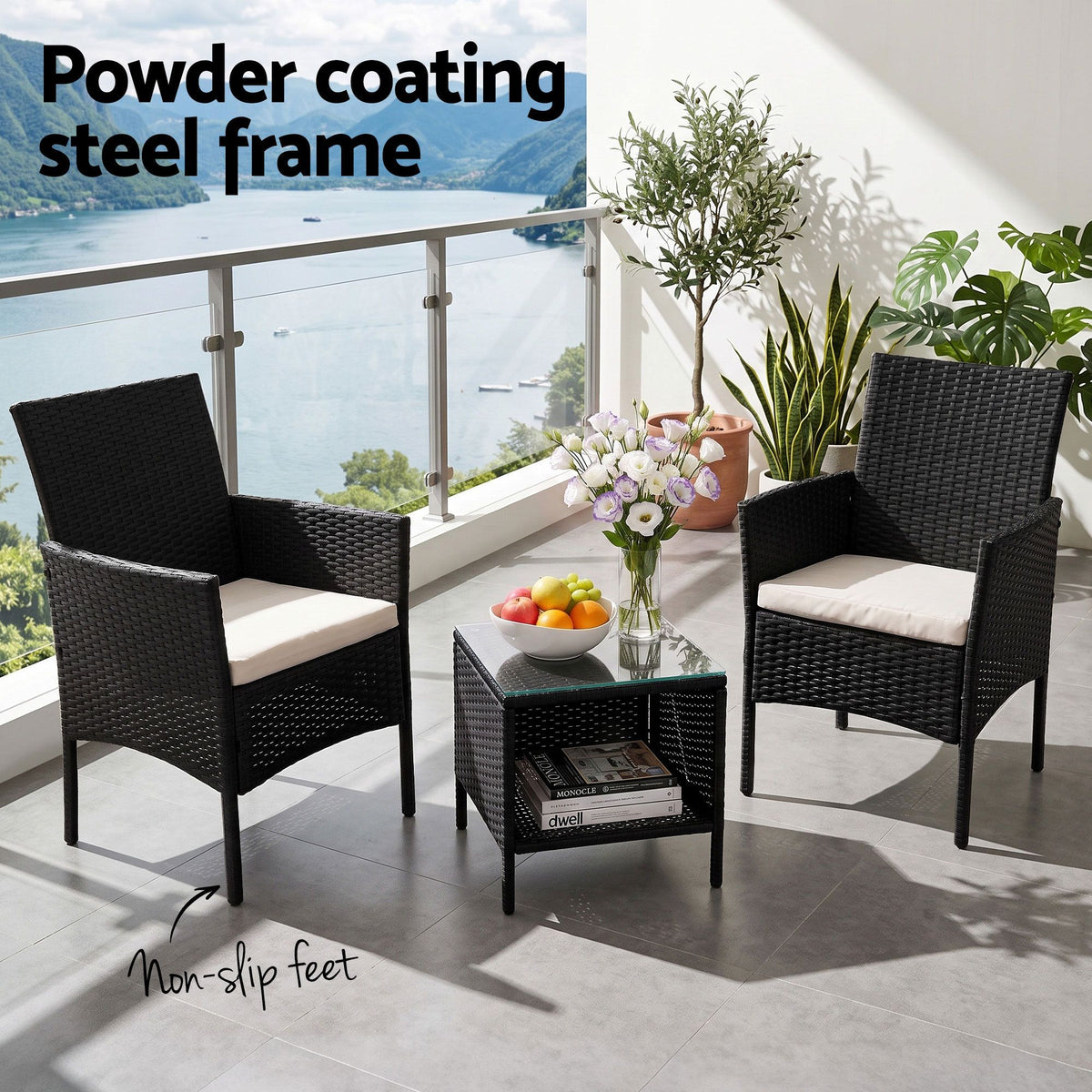 3 Piece Outdoor Rattan Furniture Set Black Wicker Chairs Glass Table Patio