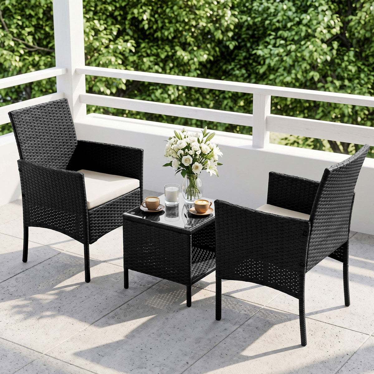 3 Piece Outdoor Rattan Furniture Set Black Wicker Chairs Glass Table Patio
