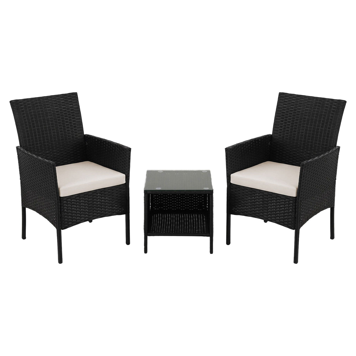 3 Piece Outdoor Rattan Furniture Set Black Wicker Chairs Glass Table Patio