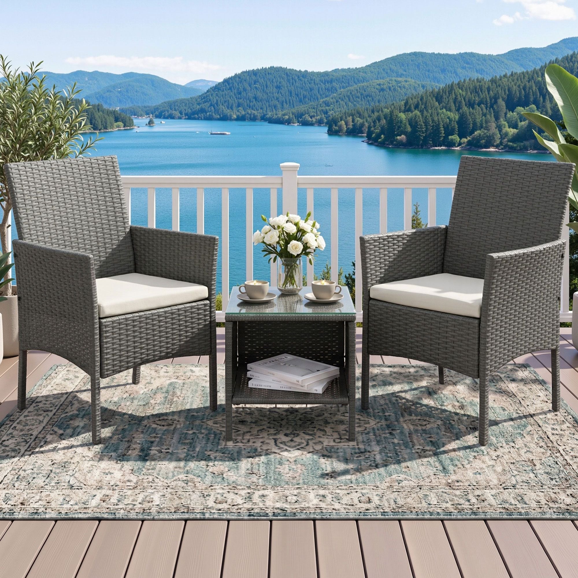 3 Piece Outdoor Rattan Furniture Set Grey Wicker Chairs Glass Table Patio Set
