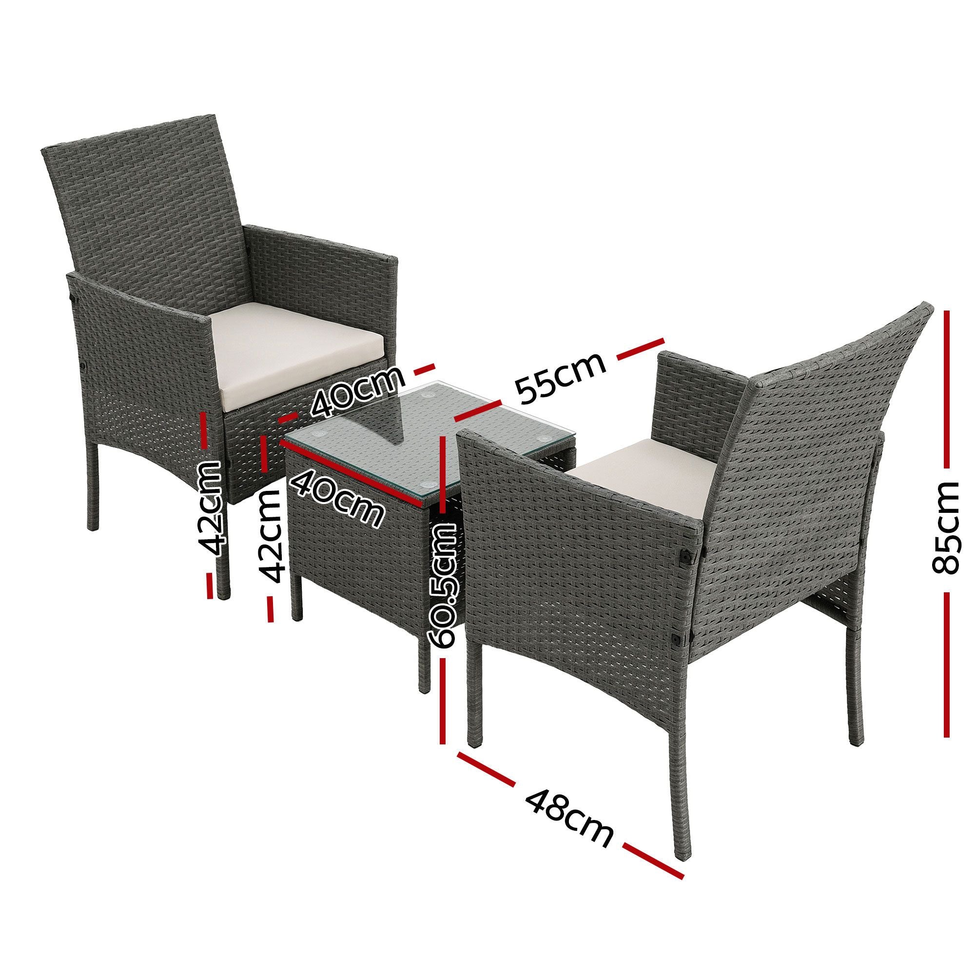 3 Piece Outdoor Rattan Furniture Set Grey Wicker Chairs Glass Table Patio Set