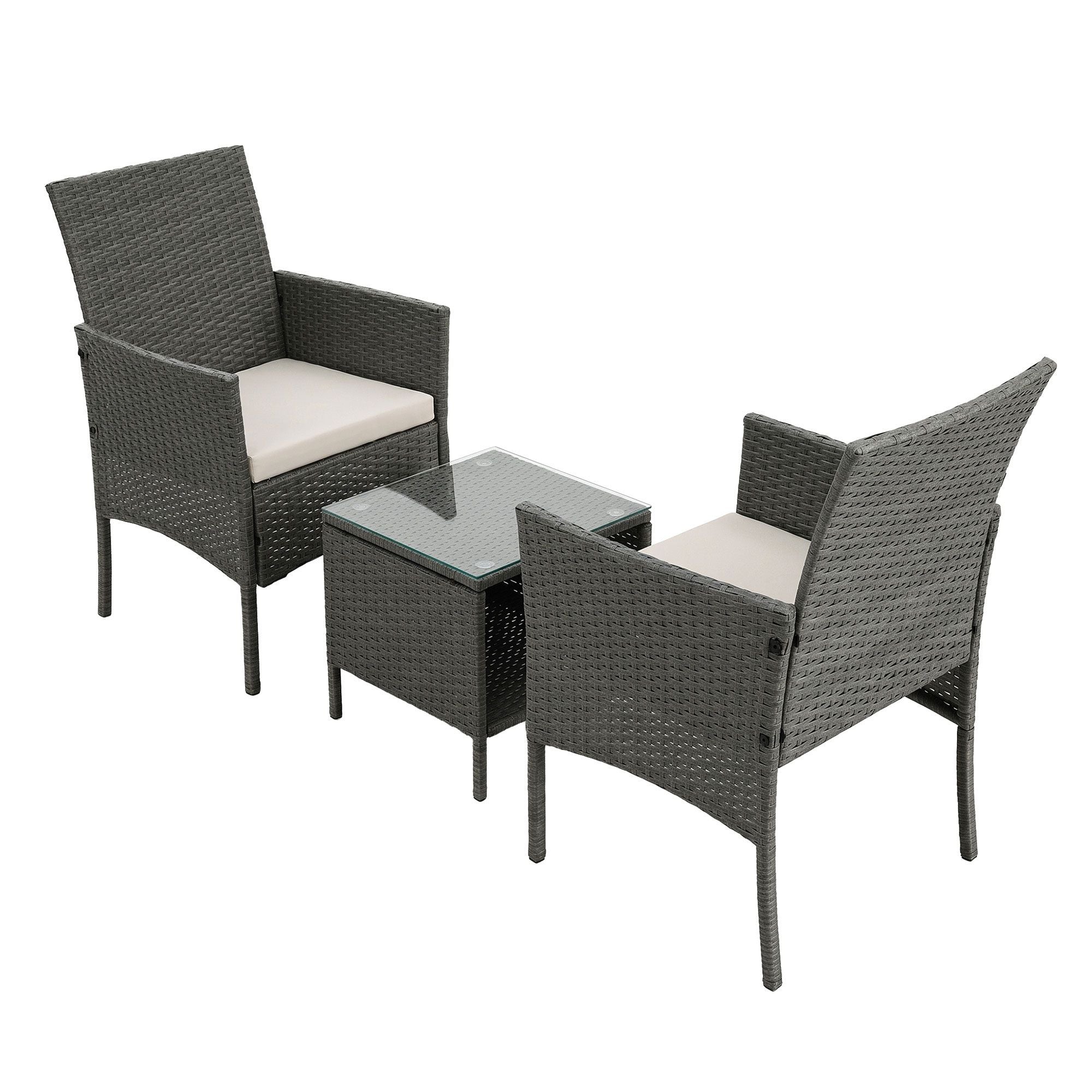 3 Piece Outdoor Rattan Furniture Set Grey Wicker Chairs Glass Table Patio Set