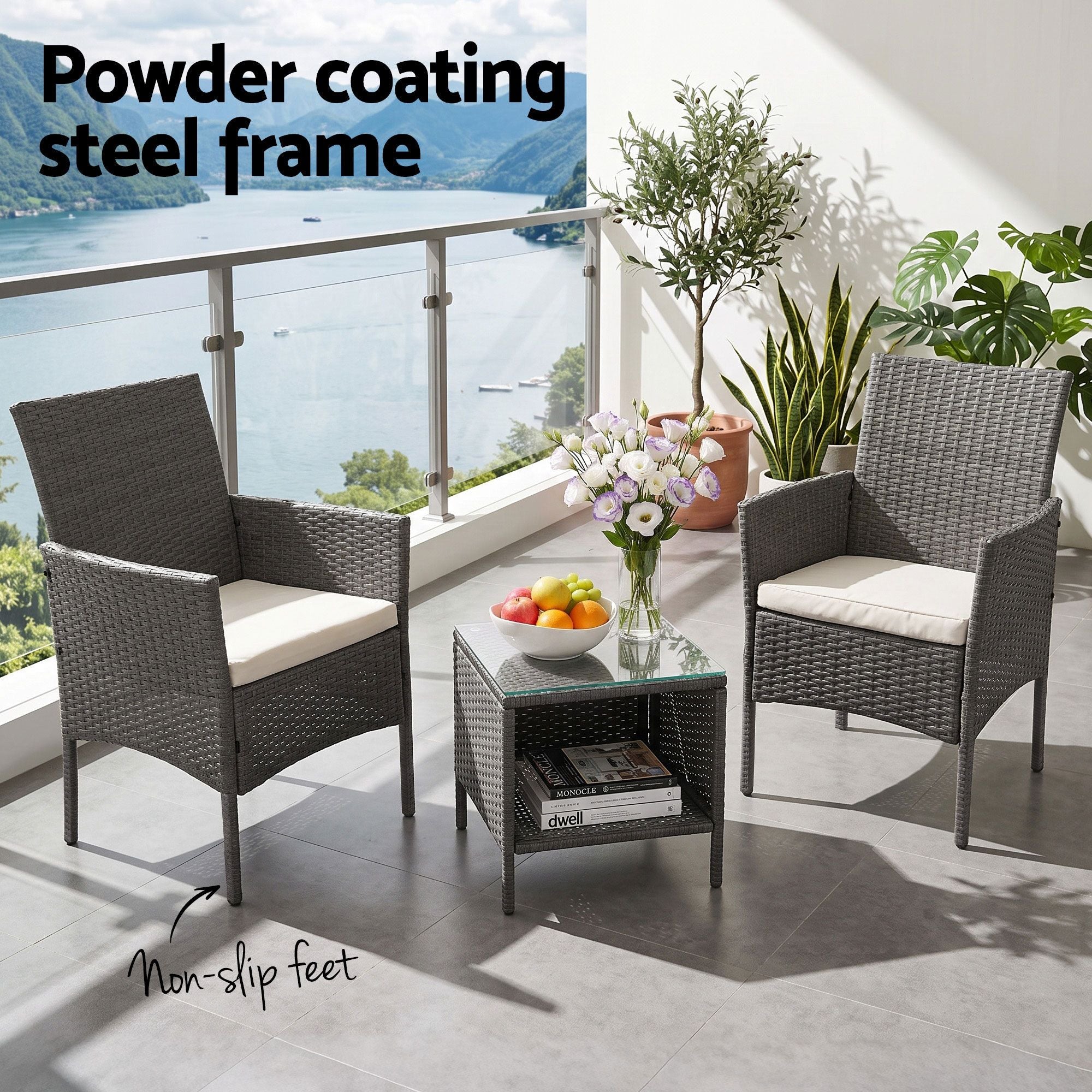 3 Piece Outdoor Rattan Furniture Set Grey Wicker Chairs Glass Table Patio Set