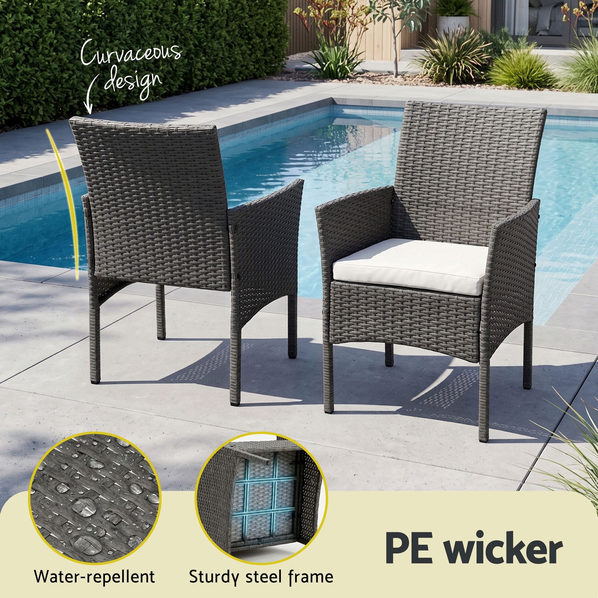 3 Piece Outdoor Rattan Furniture Set Grey Wicker Chairs Glass Table Patio Set
