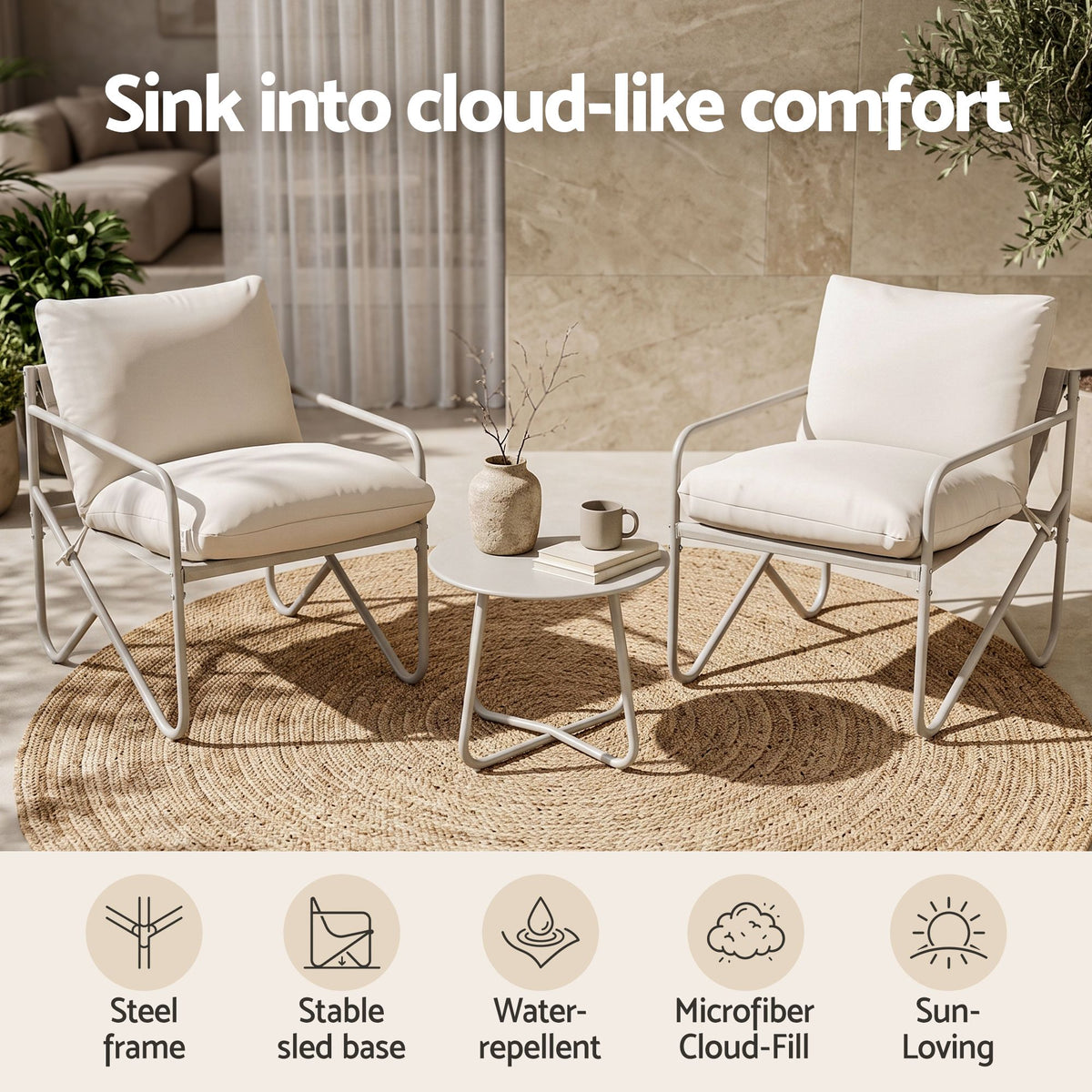 Outdoor Bistro Set 3 Piece Patio Furniture Conversation Table and Chairs Khaki