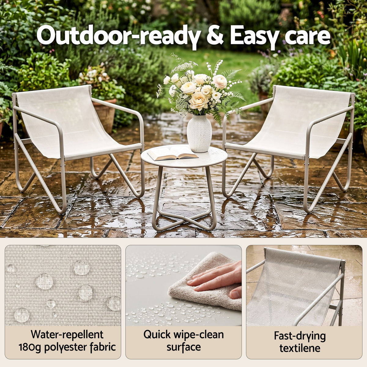 Outdoor Bistro Set 3 Piece Patio Furniture Conversation Table and Chairs Khaki