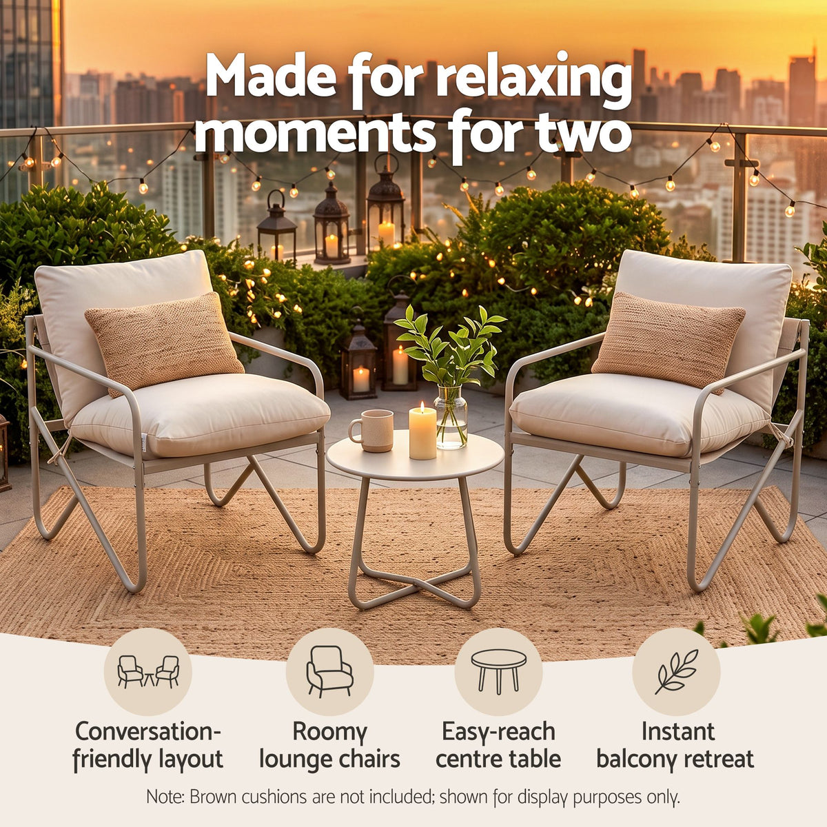 Outdoor Bistro Set 3 Piece Patio Furniture Conversation Table and Chairs Khaki
