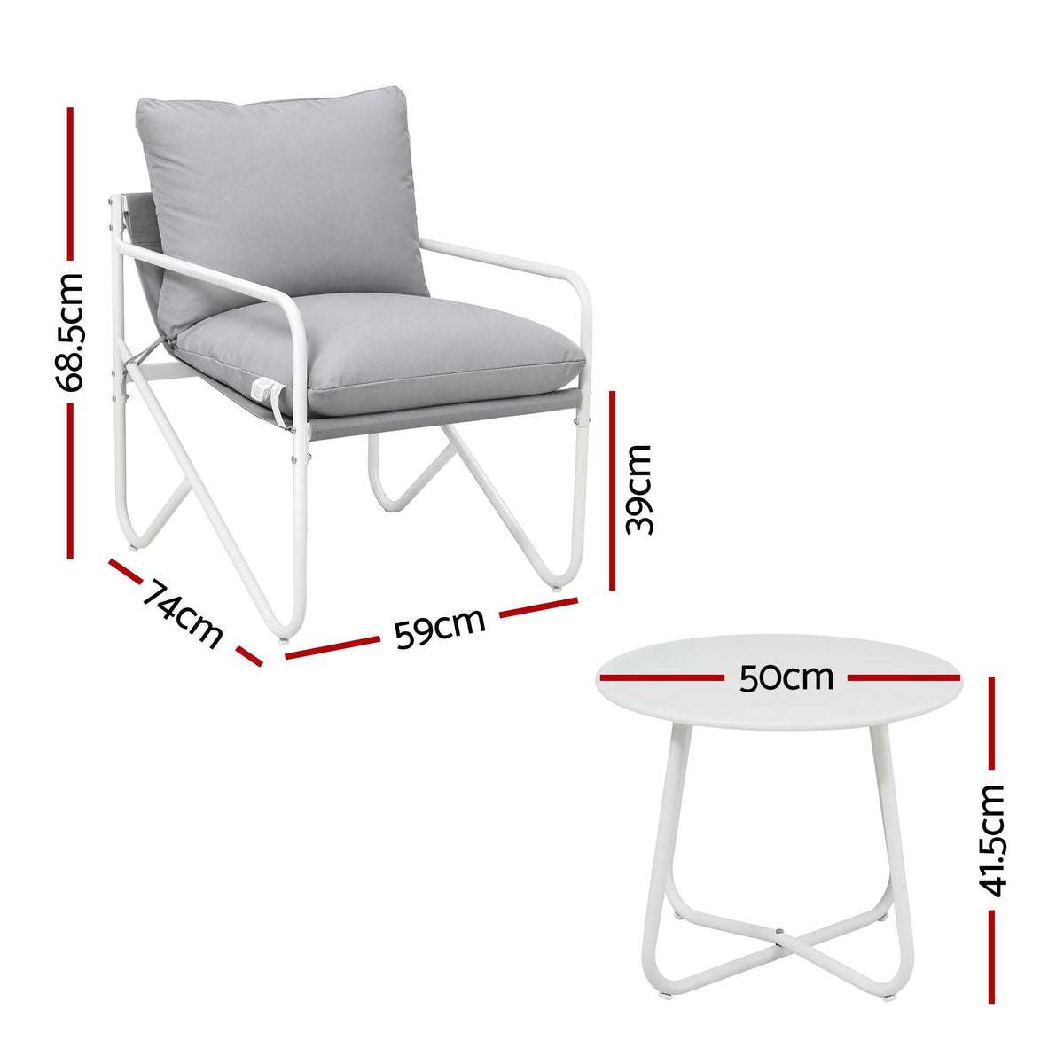 Gardeon 3 Piece Outdoor Bistro Set Patio Table and 2 Chairs Steel Textilene Grey