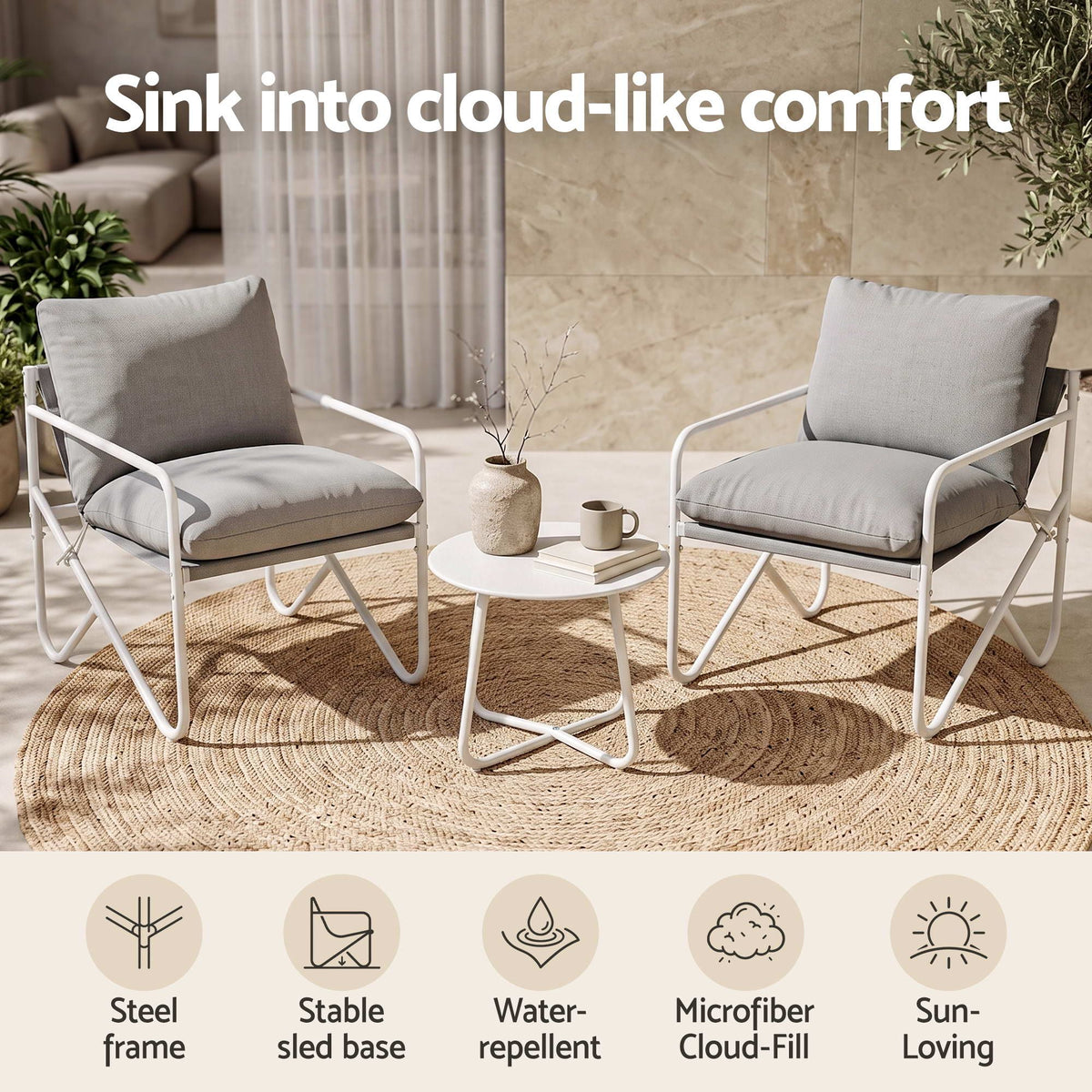 Gardeon 3 Piece Outdoor Bistro Set Patio Table and 2 Chairs Steel Textilene Grey