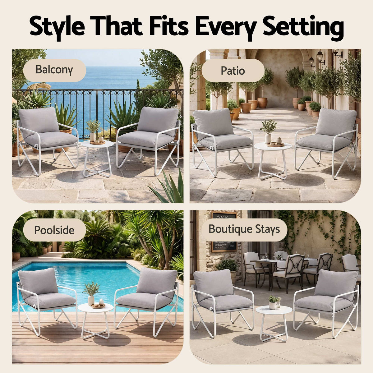 Gardeon 3 Piece Outdoor Bistro Set Patio Table and 2 Chairs Steel Textilene Grey