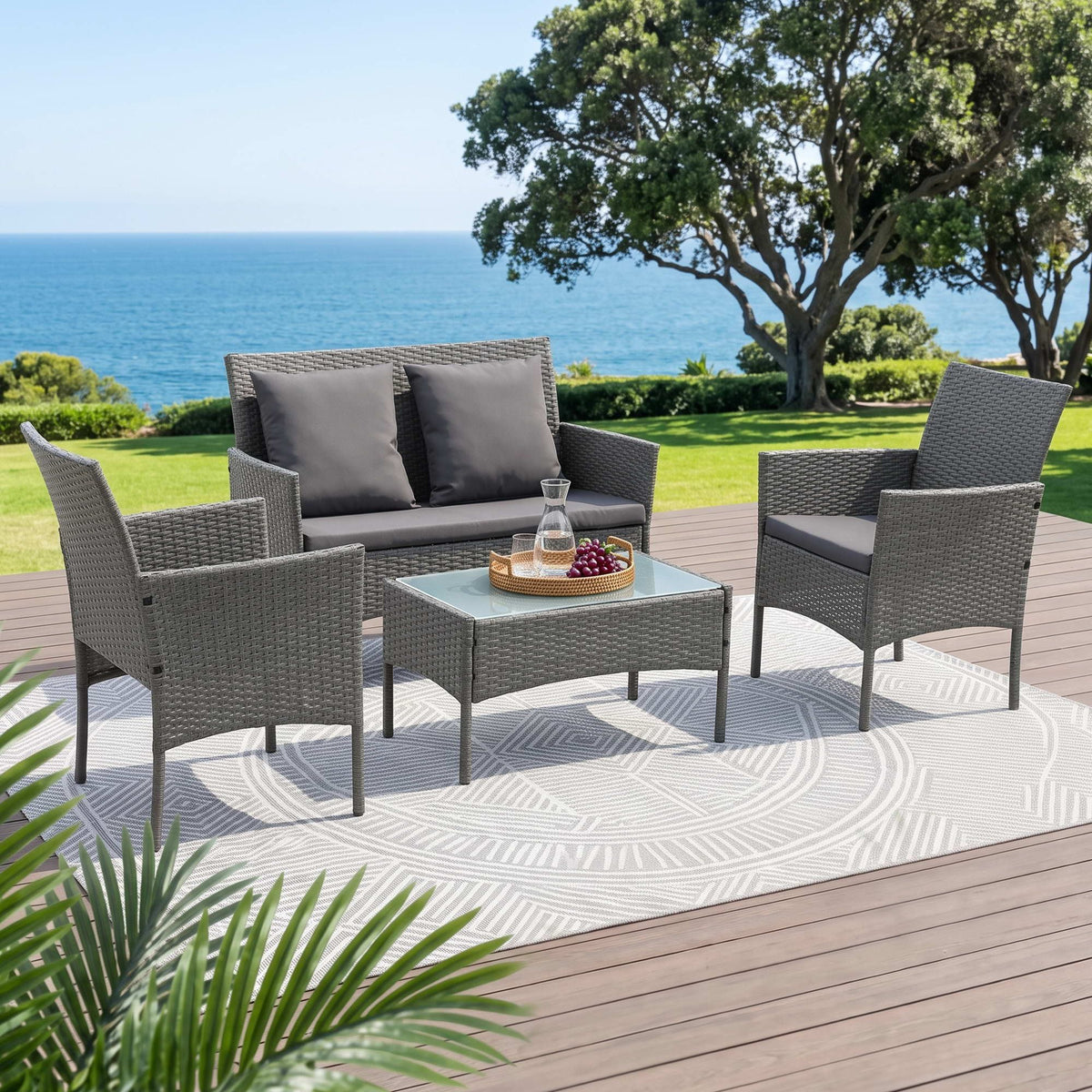 Gardeon 4 Piece Outdoor Rattan Sofa Set, Patio Lounge & Glass Coffee Table, Grey