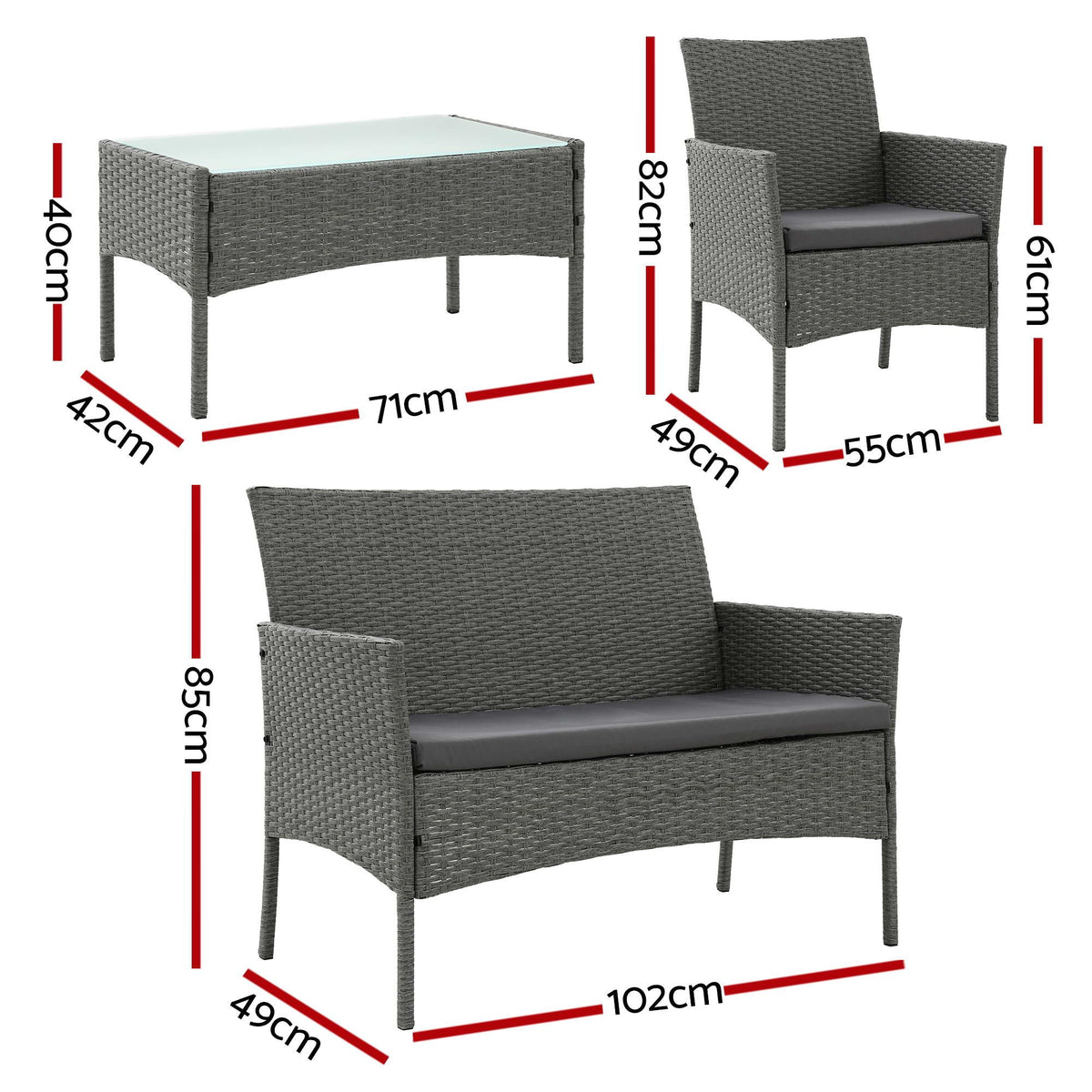 Gardeon 4 Piece Outdoor Rattan Sofa Set, Patio Lounge & Glass Coffee Table, Grey