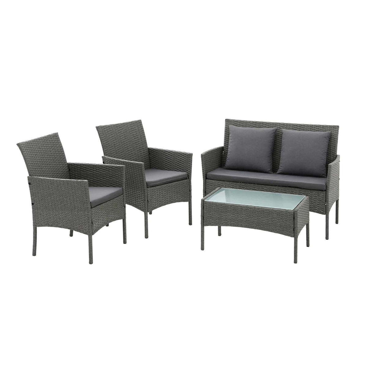 Gardeon 4 Piece Outdoor Rattan Sofa Set, Patio Lounge & Glass Coffee Table, Grey