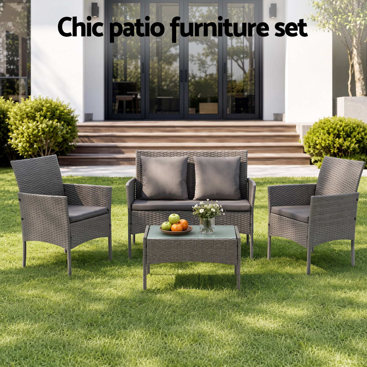 Gardeon 4 Piece Outdoor Rattan Sofa Set, Patio Lounge & Glass Coffee Table, Grey