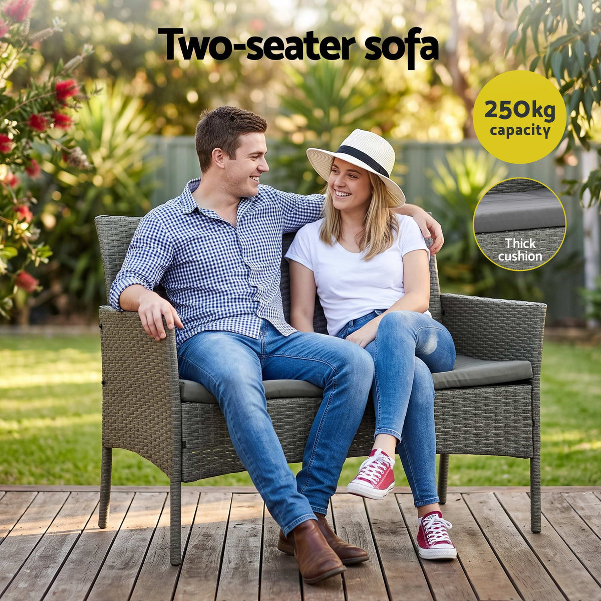 Gardeon 4 Piece Outdoor Rattan Sofa Set, Patio Lounge & Glass Coffee Table, Grey