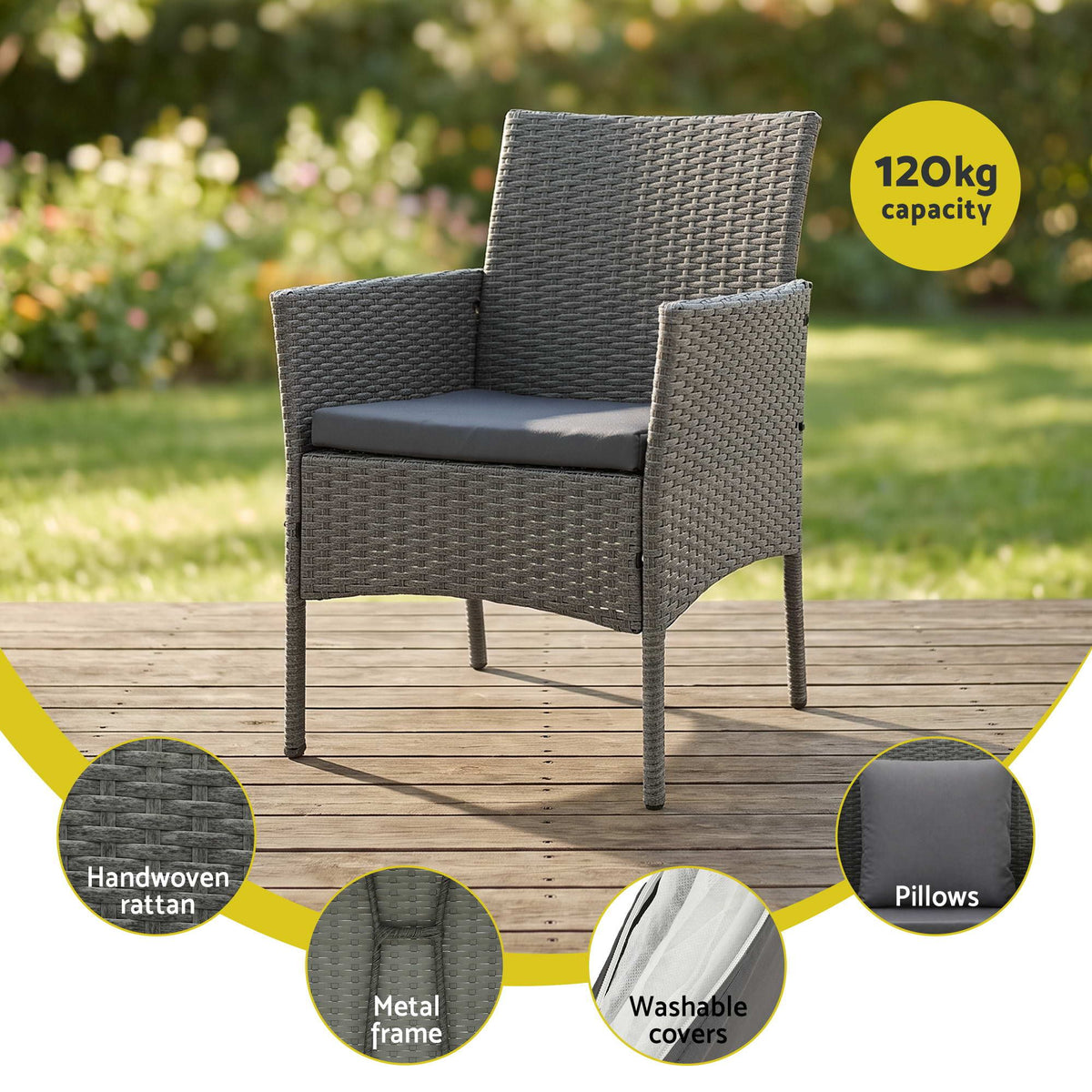 Gardeon 4 Piece Outdoor Rattan Sofa Set, Patio Lounge & Glass Coffee Table, Grey