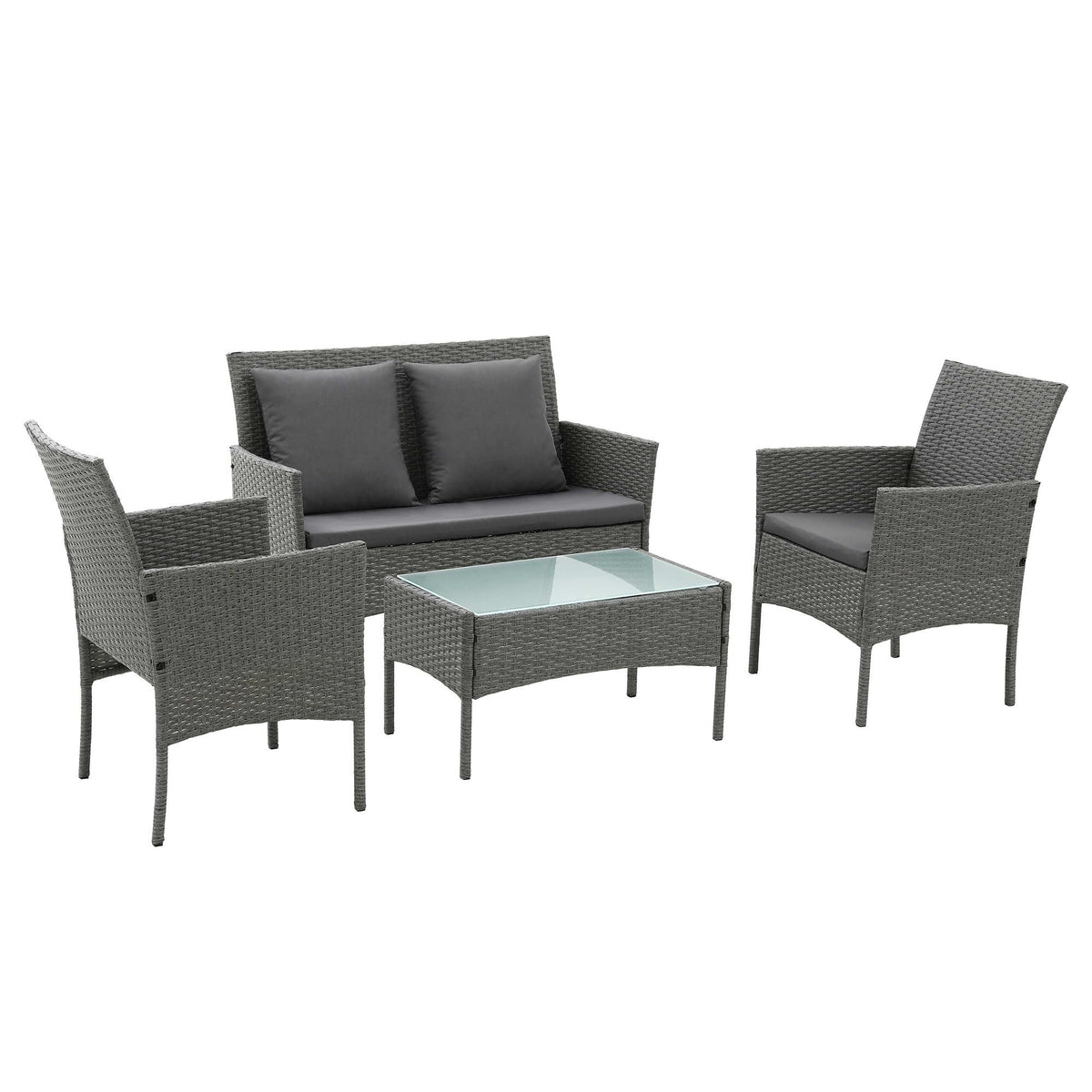 Gardeon 4 Piece Outdoor Rattan Sofa Set, Patio Lounge & Glass Coffee Table, Grey