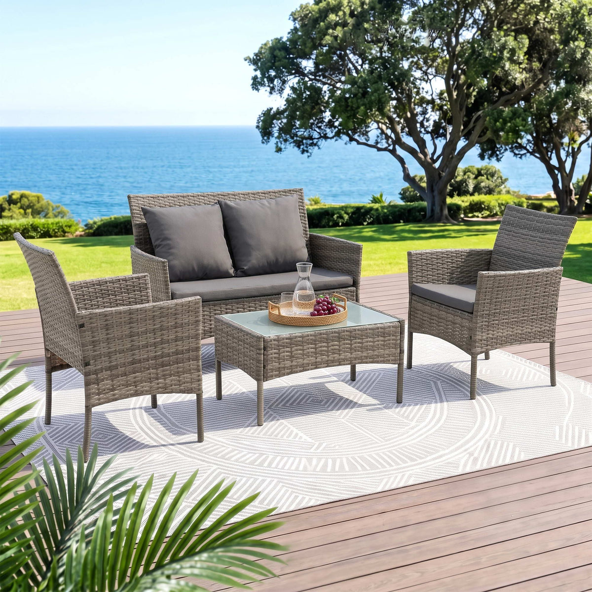 4-Piece Outdoor Sofa Set with Two Pillows Rattan Furniture Grey