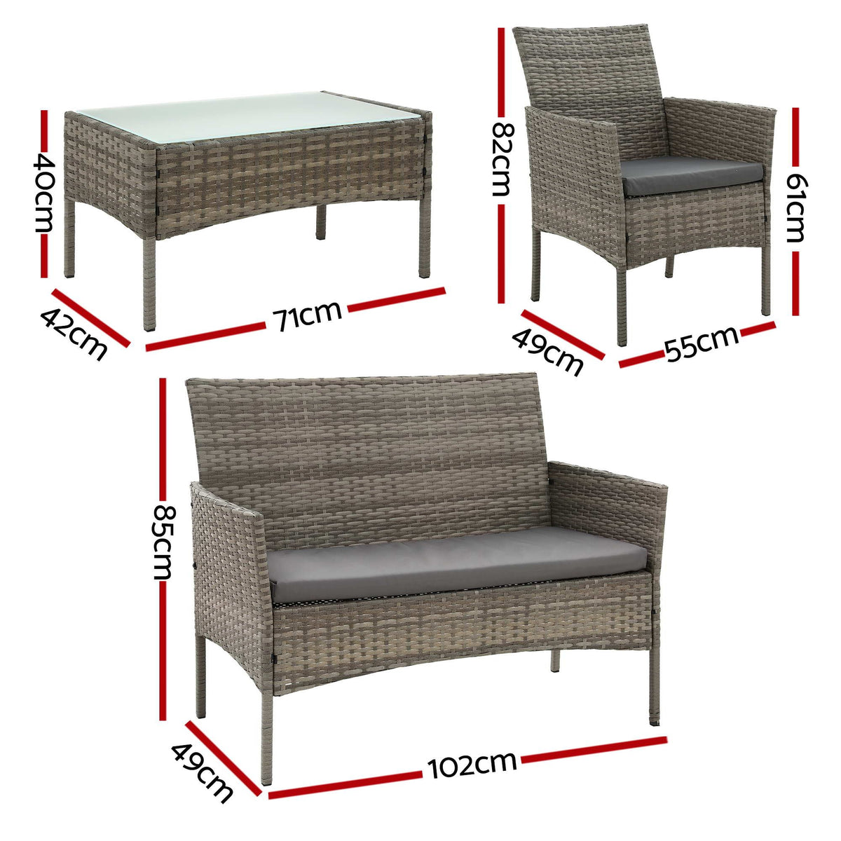 4-Piece Outdoor Sofa Set with Two Pillows Rattan Furniture Grey