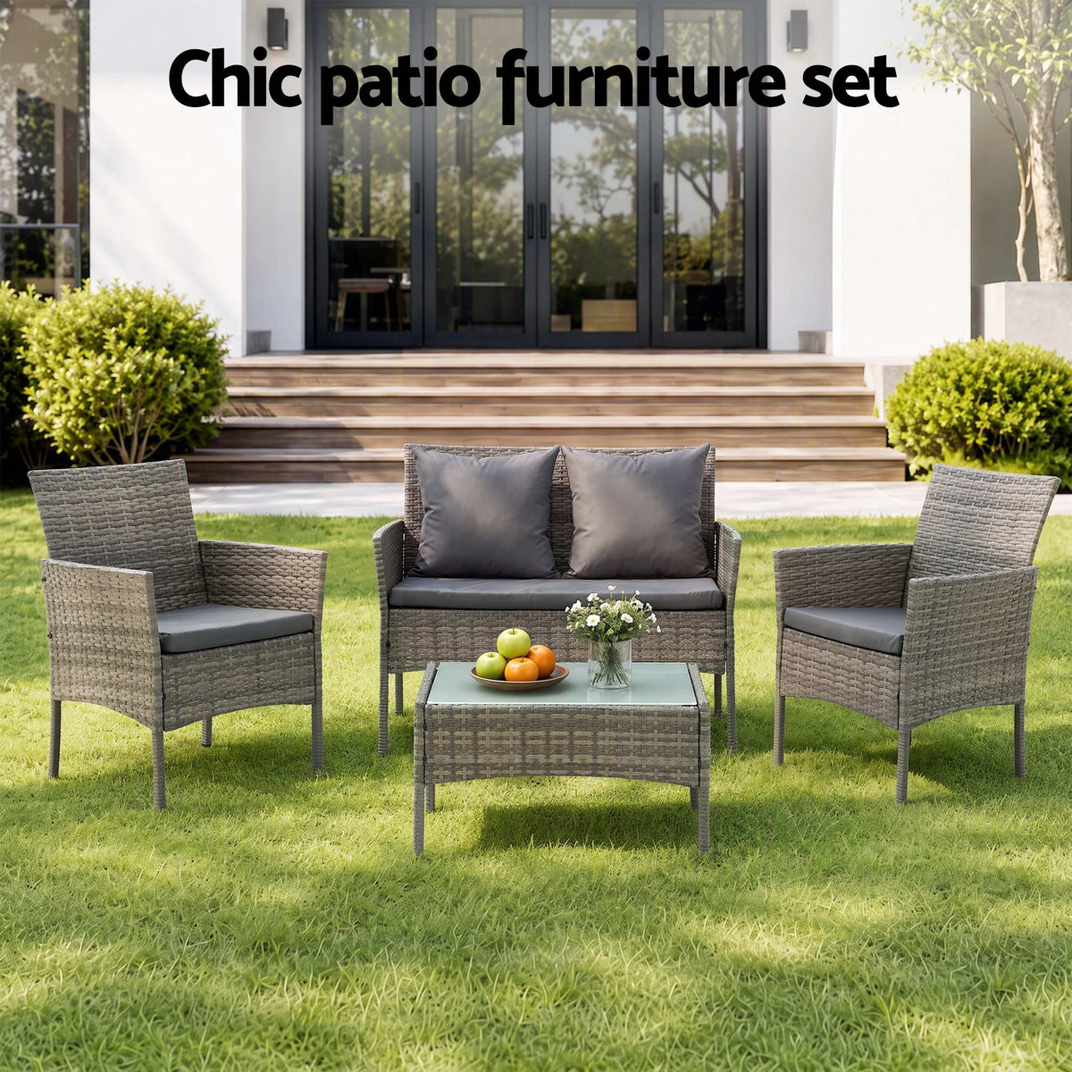 4-Piece Outdoor Sofa Set with Two Pillows Rattan Furniture Grey