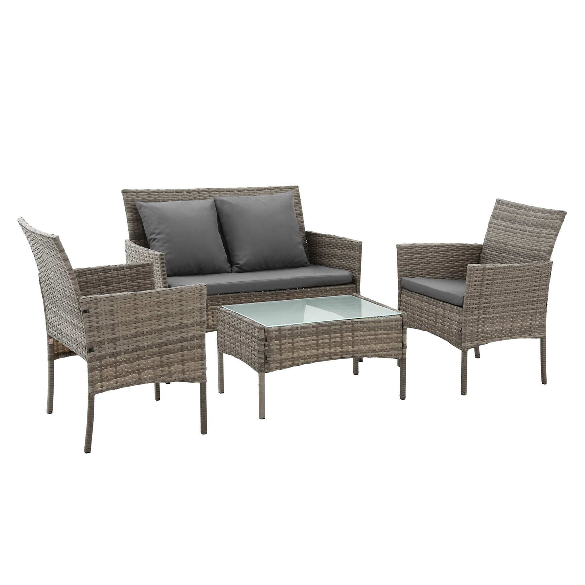 4-Piece Outdoor Sofa Set with Two Pillows Rattan Furniture Grey