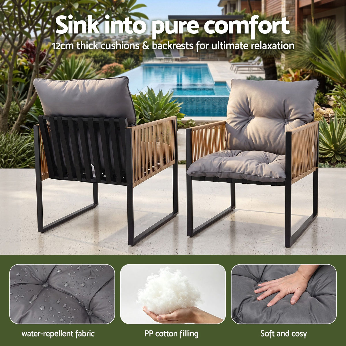 Gardeon 2 Pack Outdoor Dining Chairs, Wicker Patio Armchairs with Cushion Black
