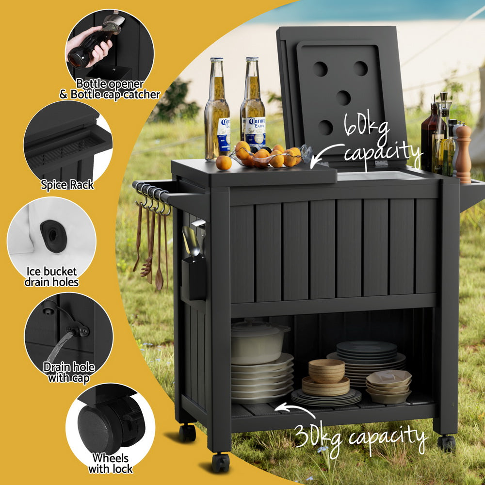 Outdoor Storage Cabinet Box 80L Ice Bucket Cooler Rolling Serving Cart Kitchen Trolley