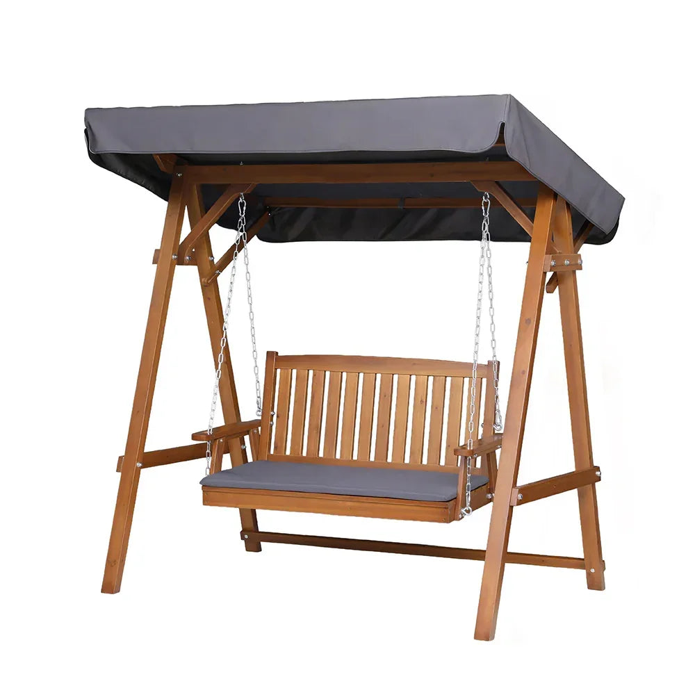 2 Person Canopy Swing Chair Outdoor Wooden Garden Patio Seat Teak