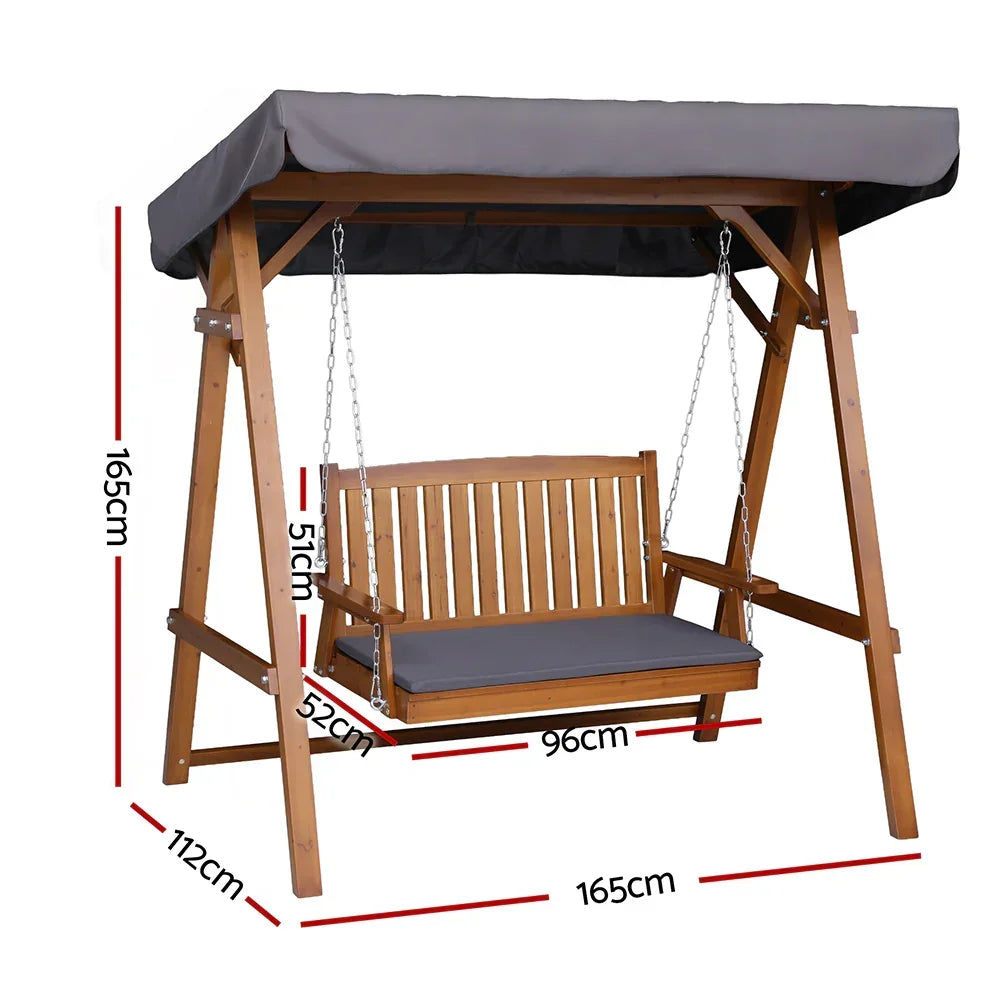 2 Person Canopy Swing Chair Outdoor Wooden Garden Patio Seat Teak